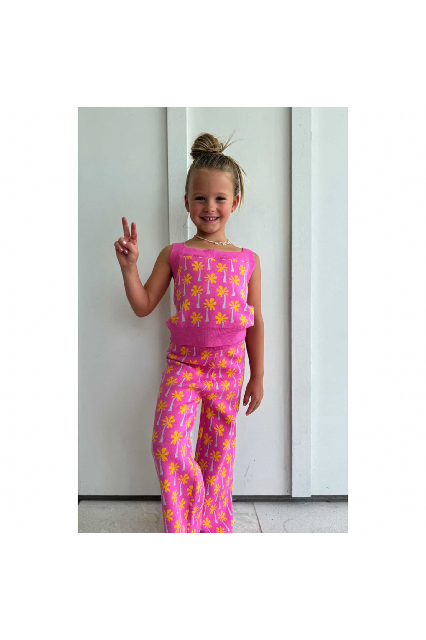 Pink Palm Tree Print Top and Pant Knit Set