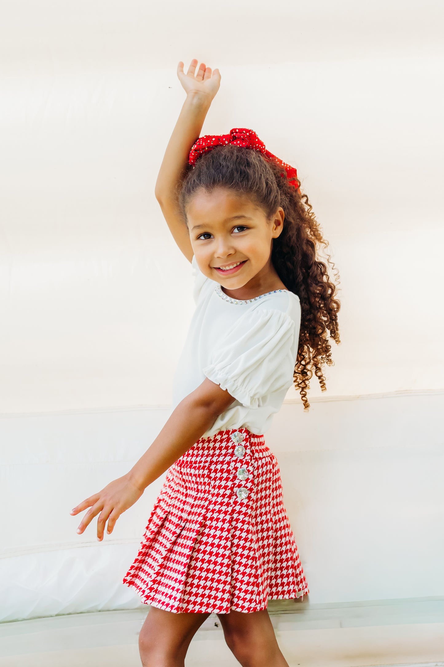 Red Houndstooth Gem Button Pleat Skirt (PREORDER)