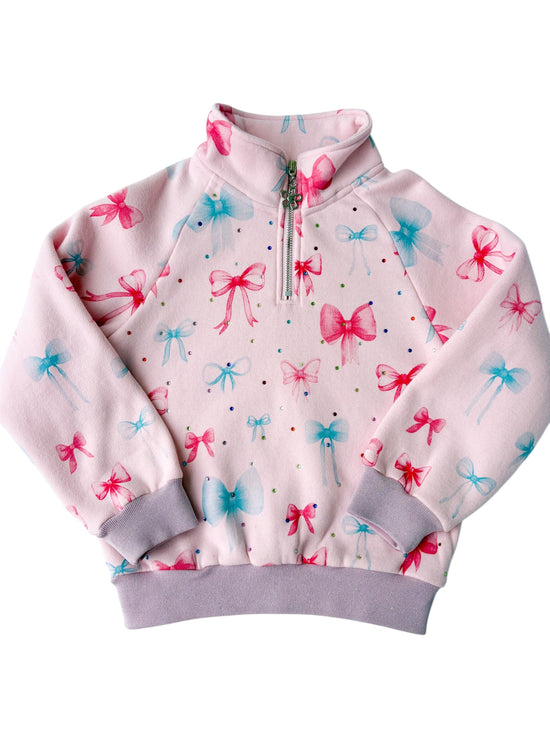Bow Print 3/4 Zip Gem Stamped Crewneck