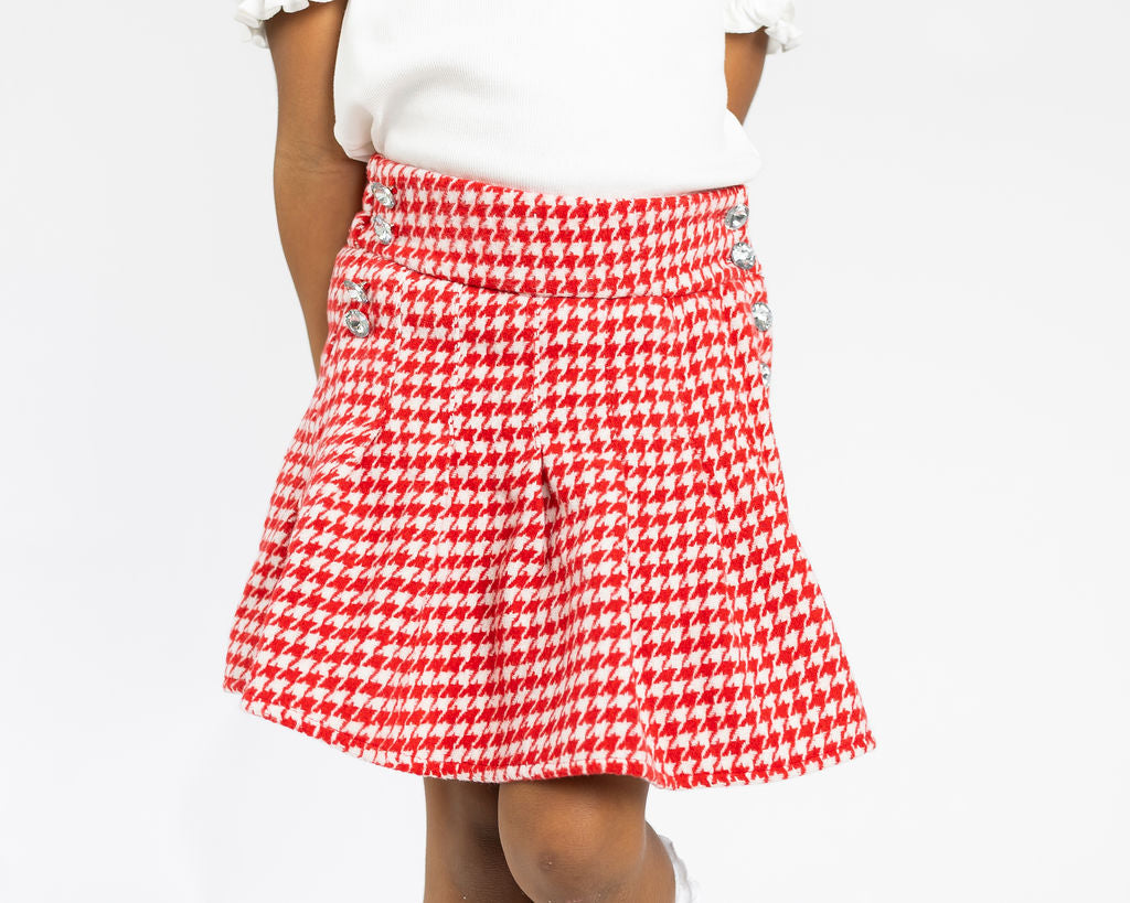 Red and White Houndstooth Pleat Skirt