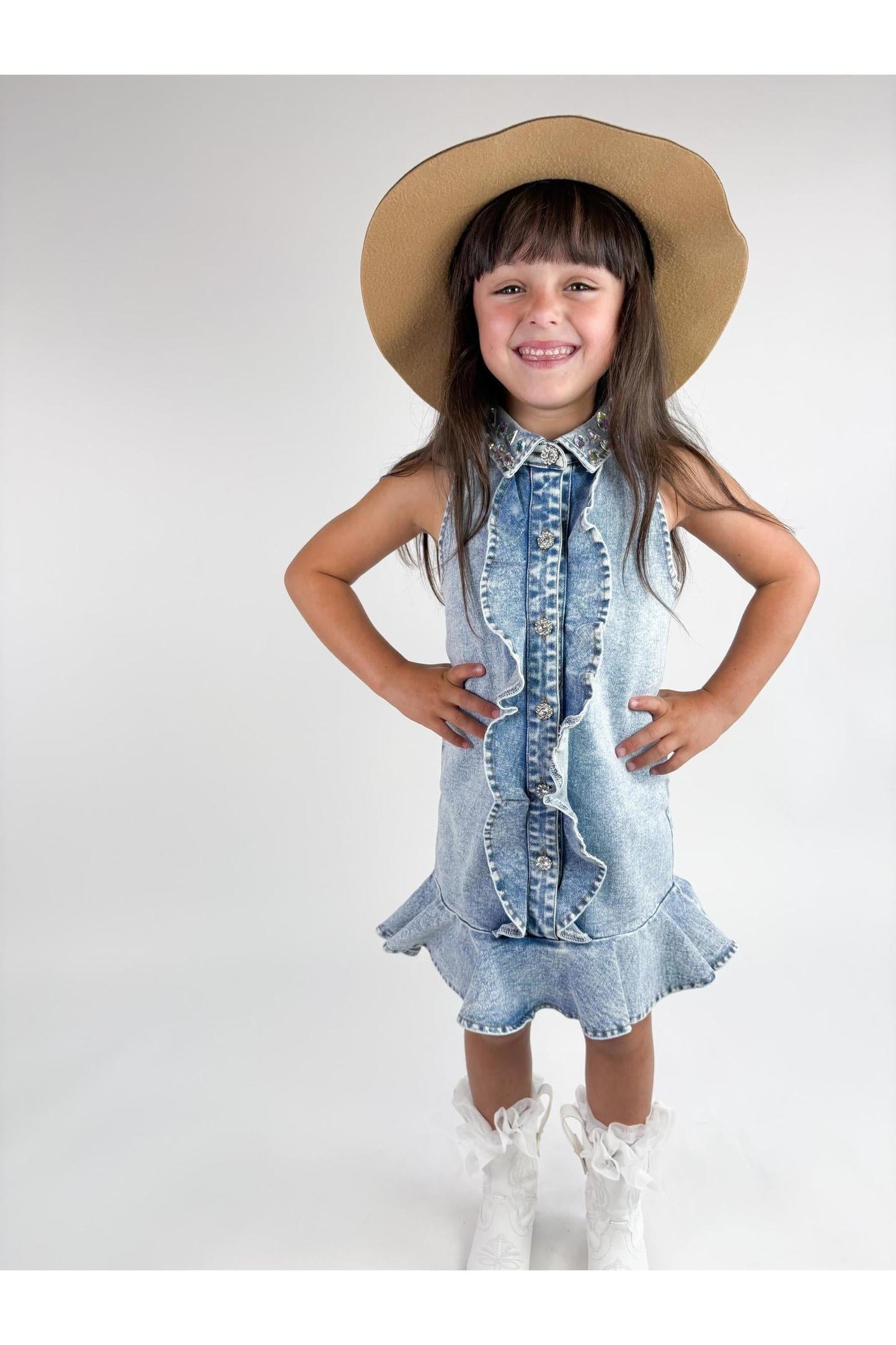 Ruffle Gem Denim Dress