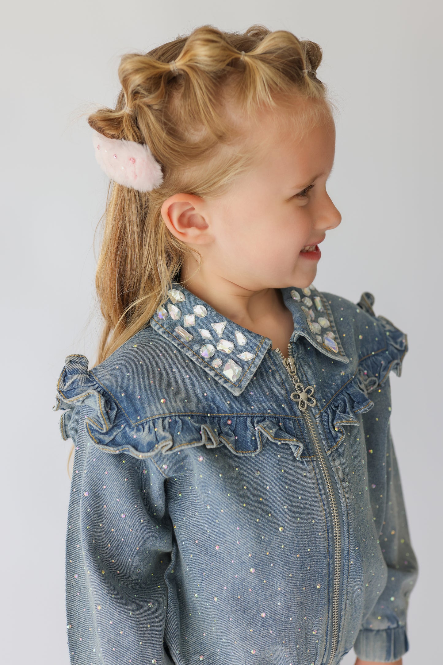 Rhinestone & Ruffle Denim Bomber Jacket (PREORDER SHIPPING 6/25)