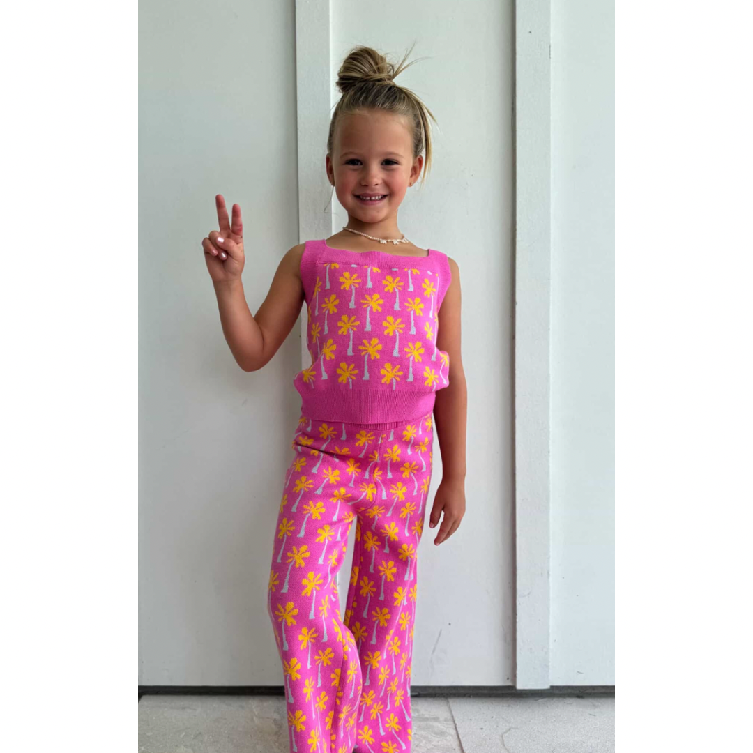 Pink Palm Tree Print Top and Pant Knit Set