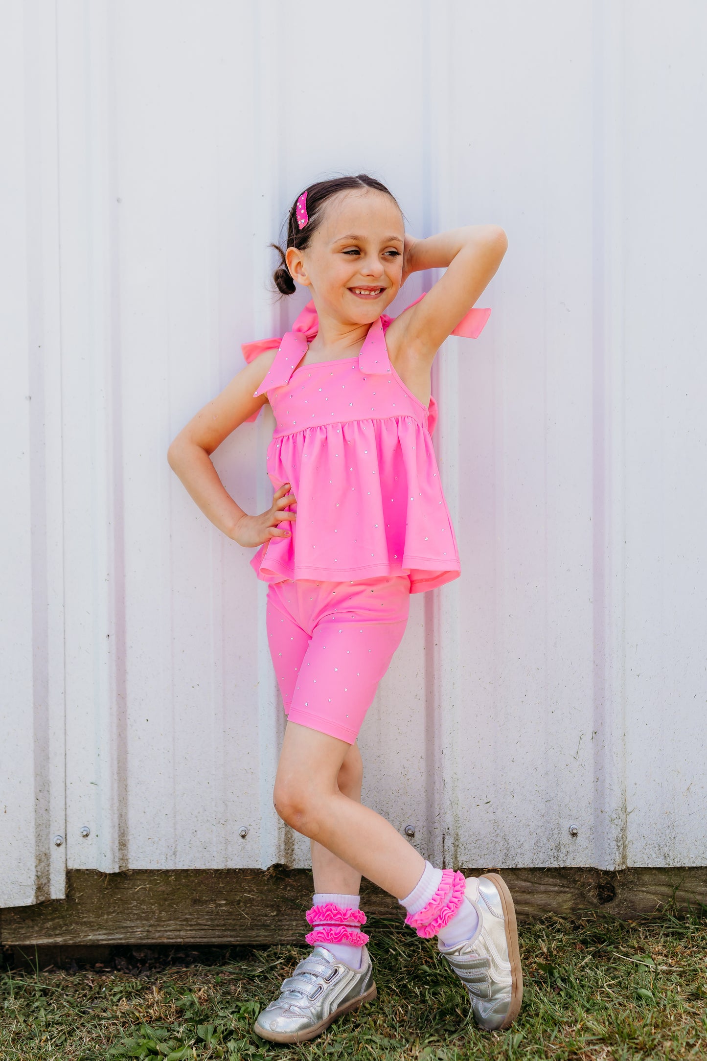 Bubblegum Pink Bow Two-Piece Gem Stamped Athletic Set (PREORDER: MID JUNE SHIP)
