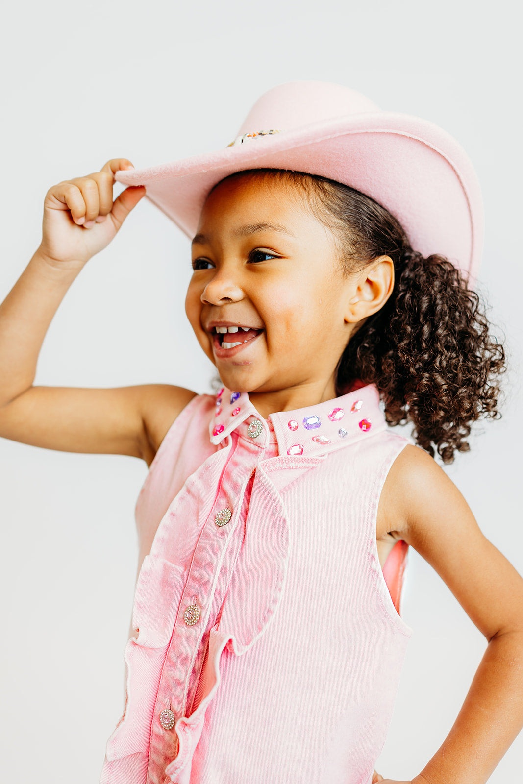 Pink Ruffle Gem Denim Dress