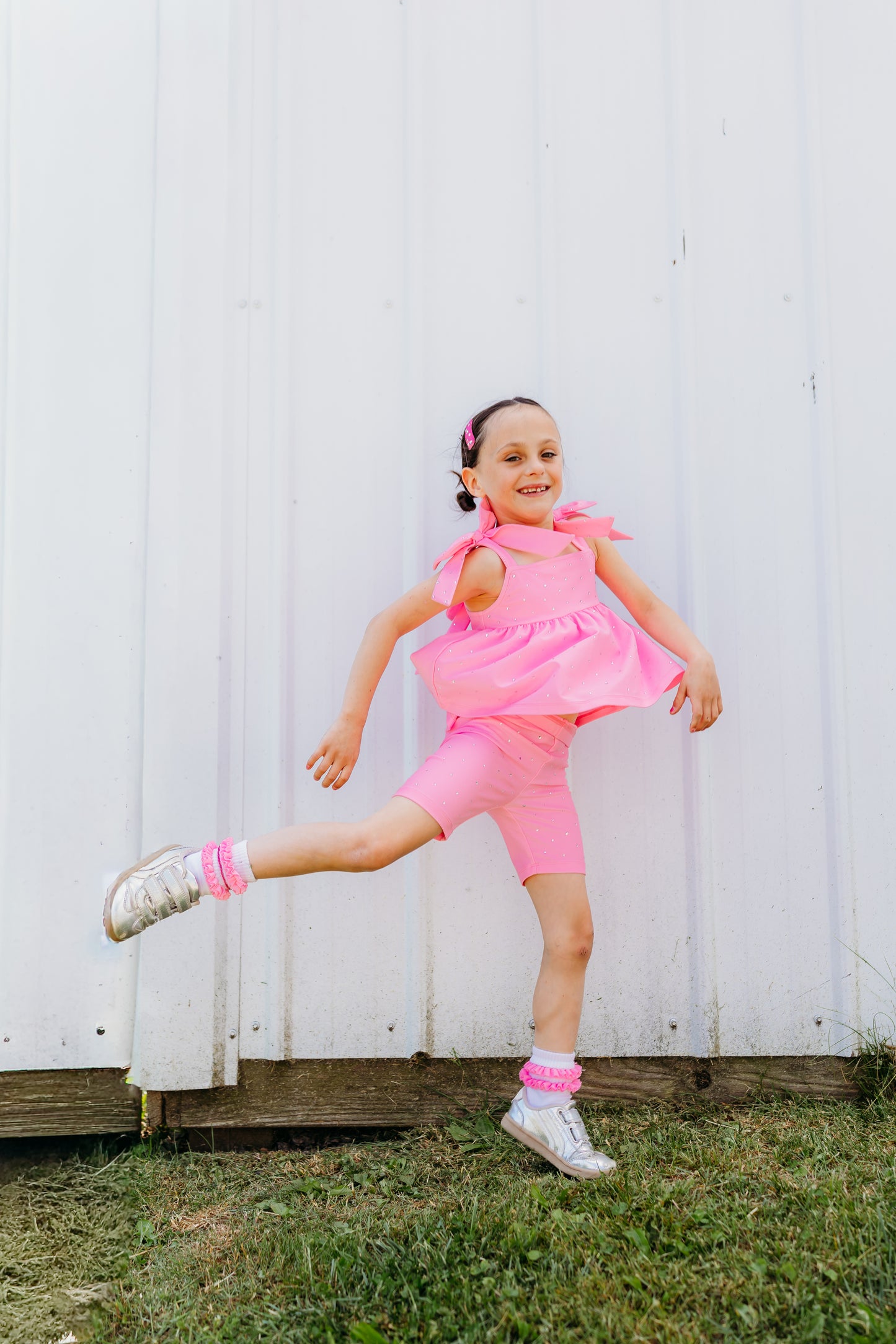 Bubblegum Pink Bow Two-Piece Gem Stamped Athletic Set (PREORDER: MID JUNE SHIP)