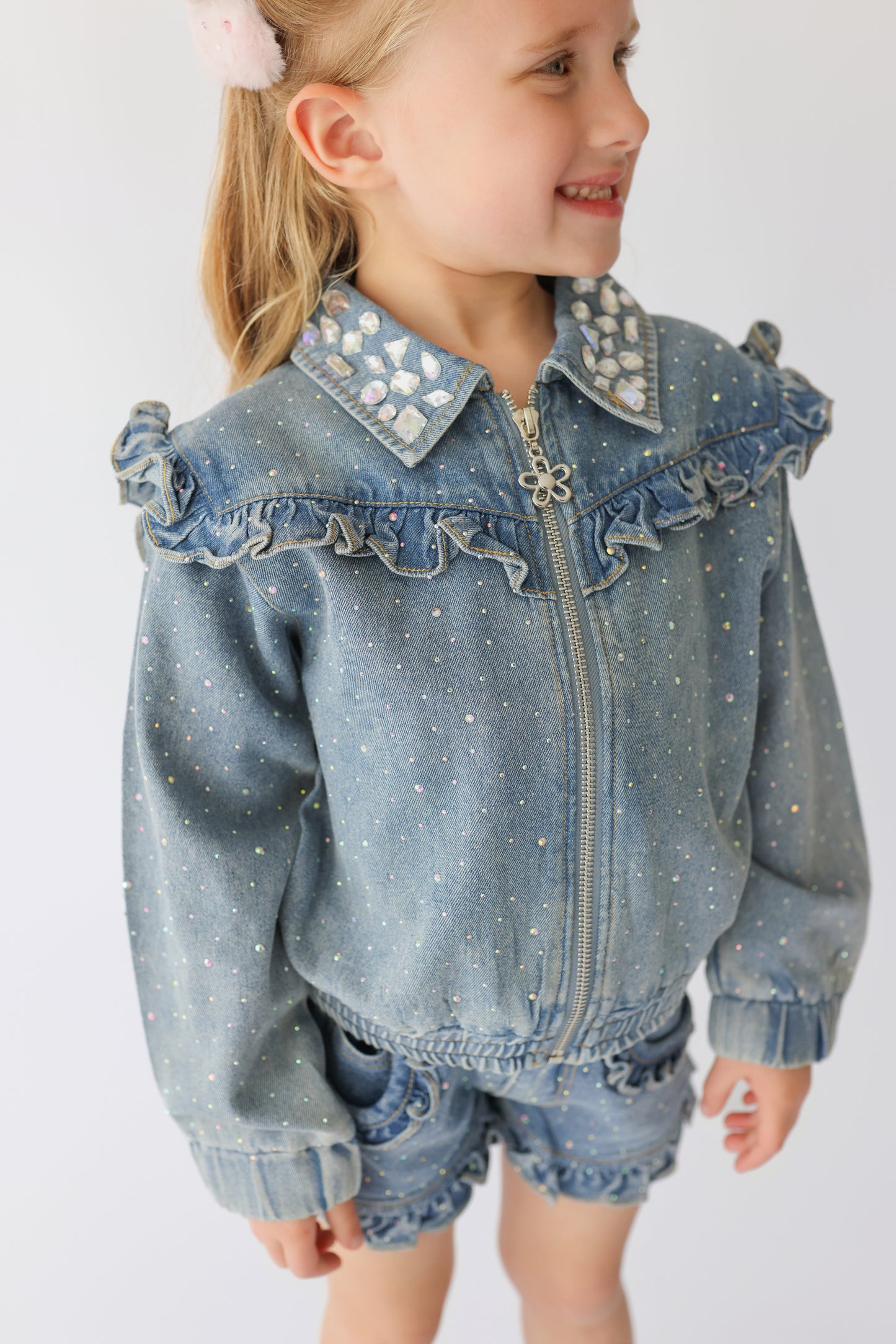 Rhinestone & Ruffle Denim Bomber Jacket (PREORDER SHIPPING 6/25)
