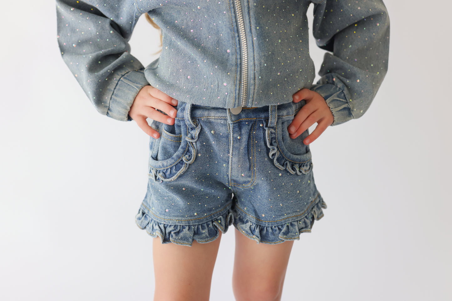 Denim Ruffle Gem Shorts (PREODER SHIPPING 6/25)