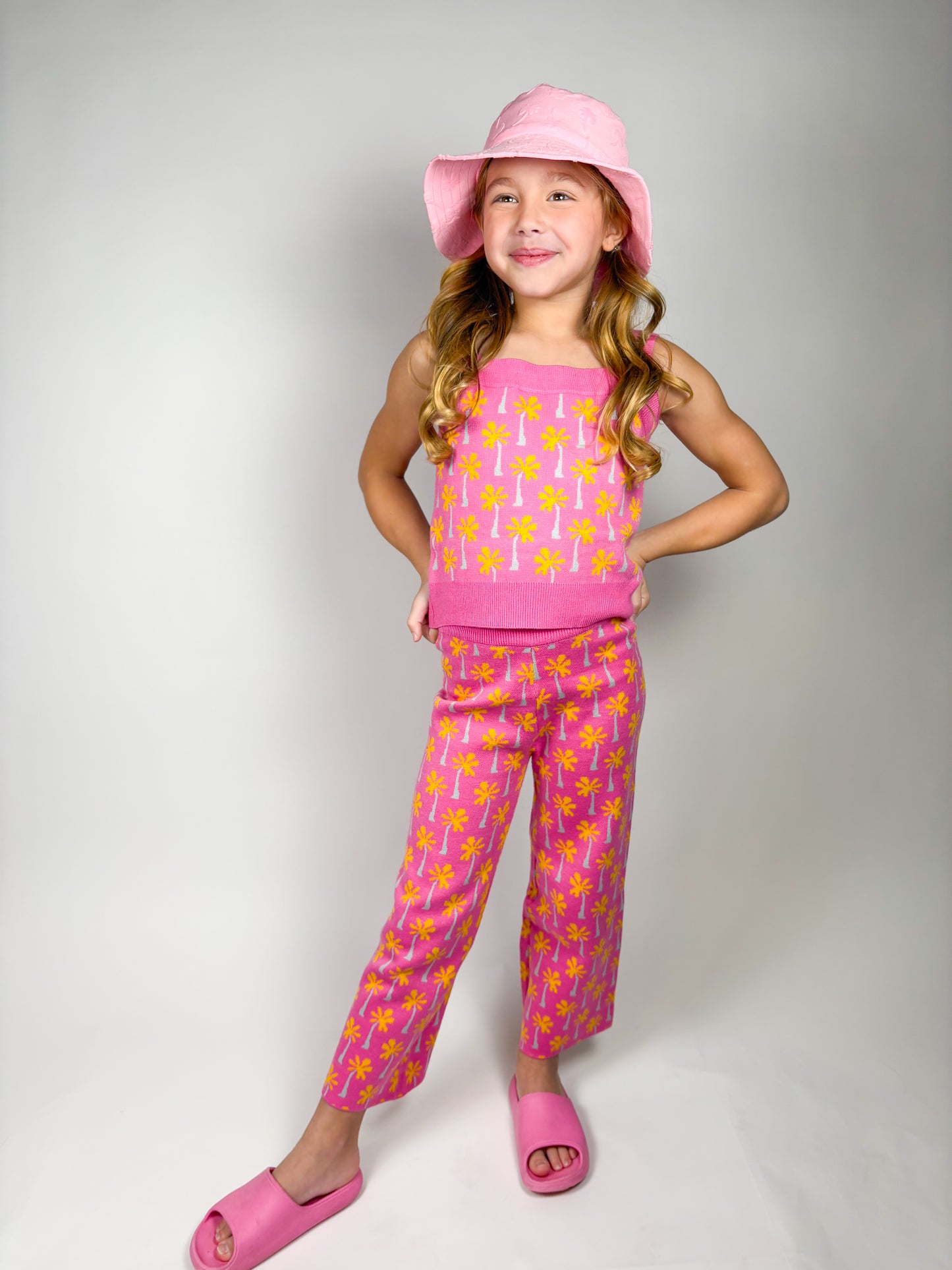 Pink Palm Tree Print Top and Pant Knit Set