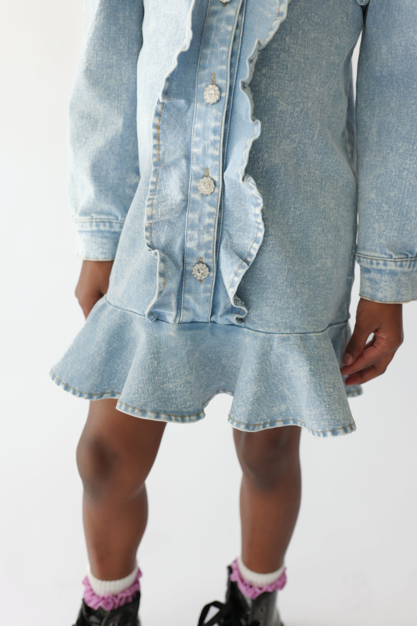 Denim Ruffle Long Sleeve Gem Button Dress