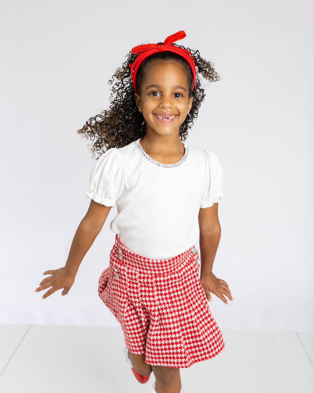 Red and White Houndstooth Pleat Skirt
