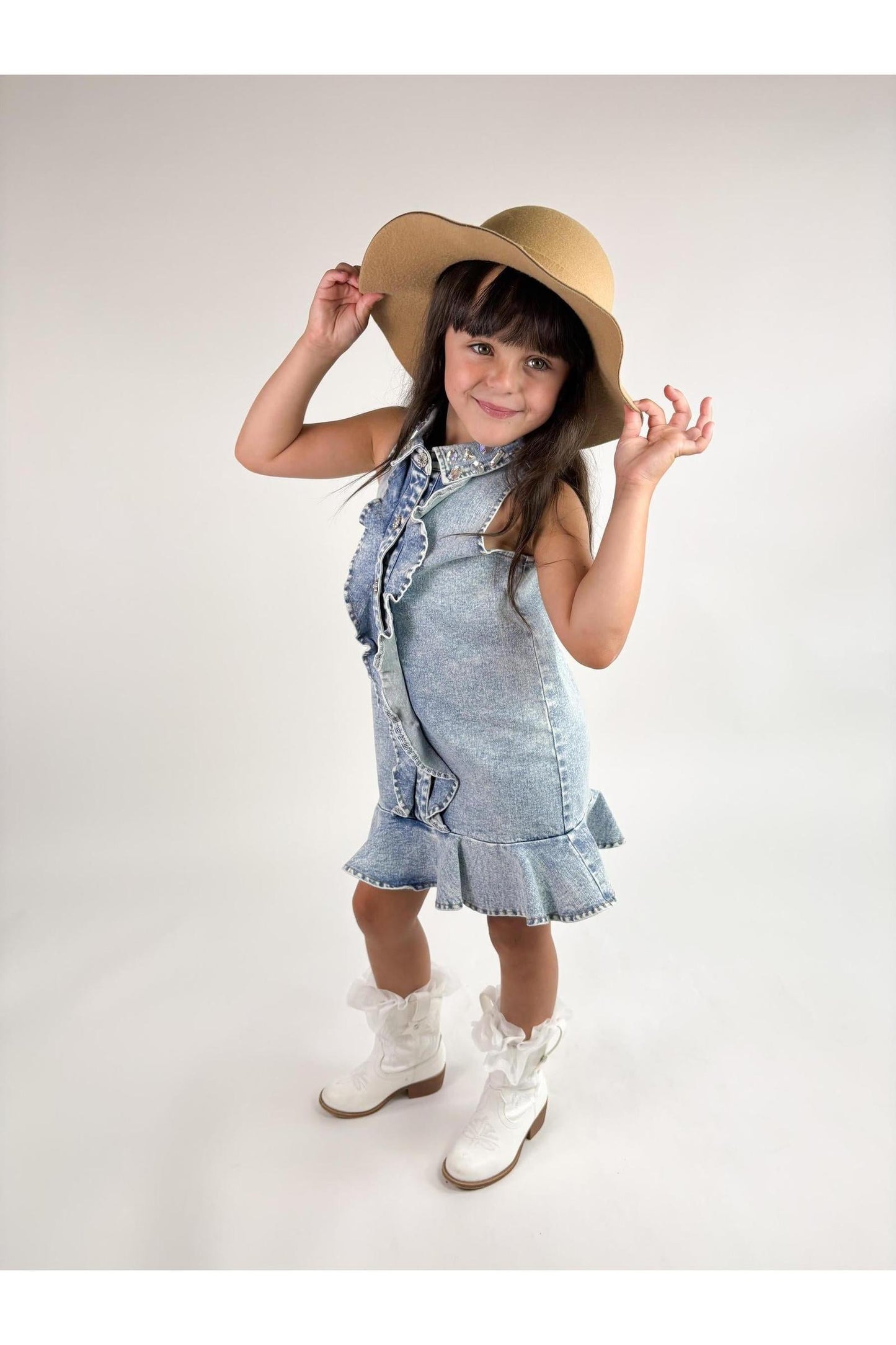 Ruffle Gem Denim Dress