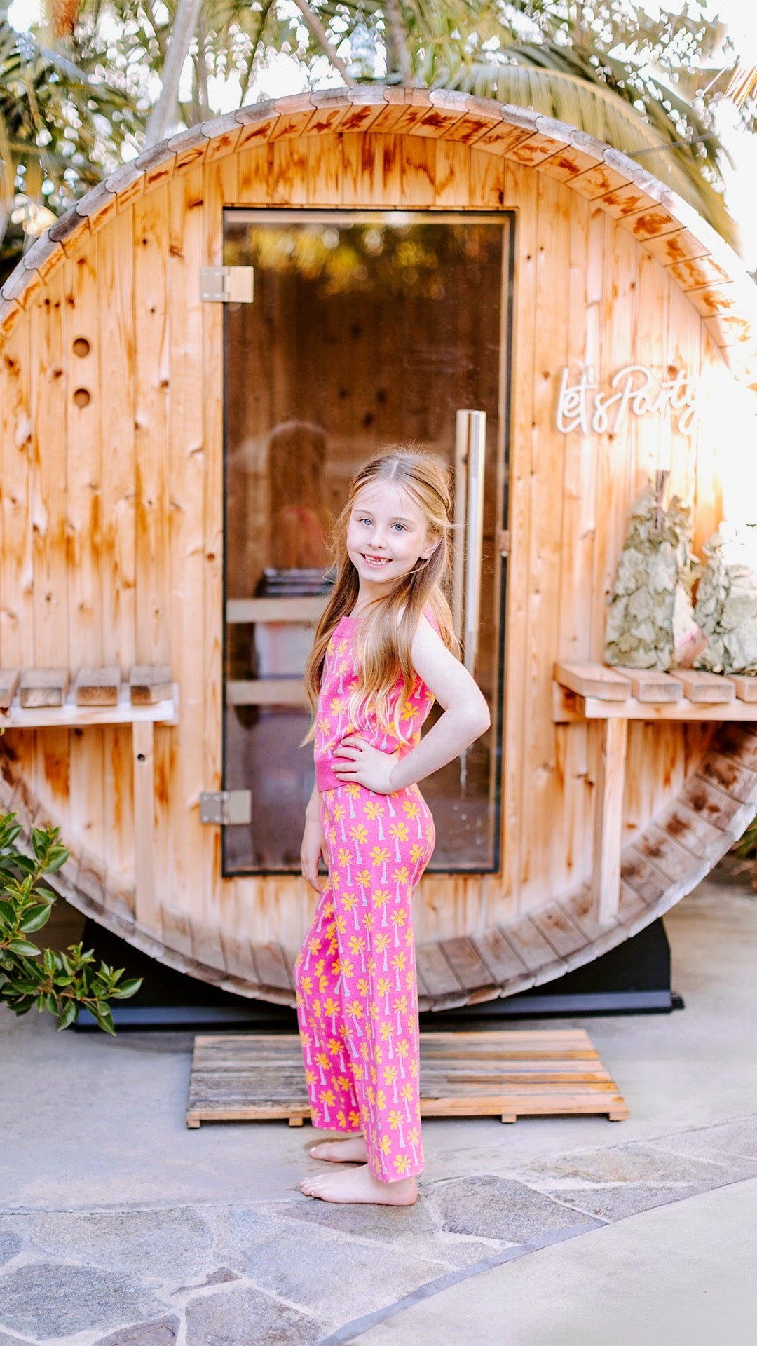 Pink Palm Tree Print Top and Pant Knit Set