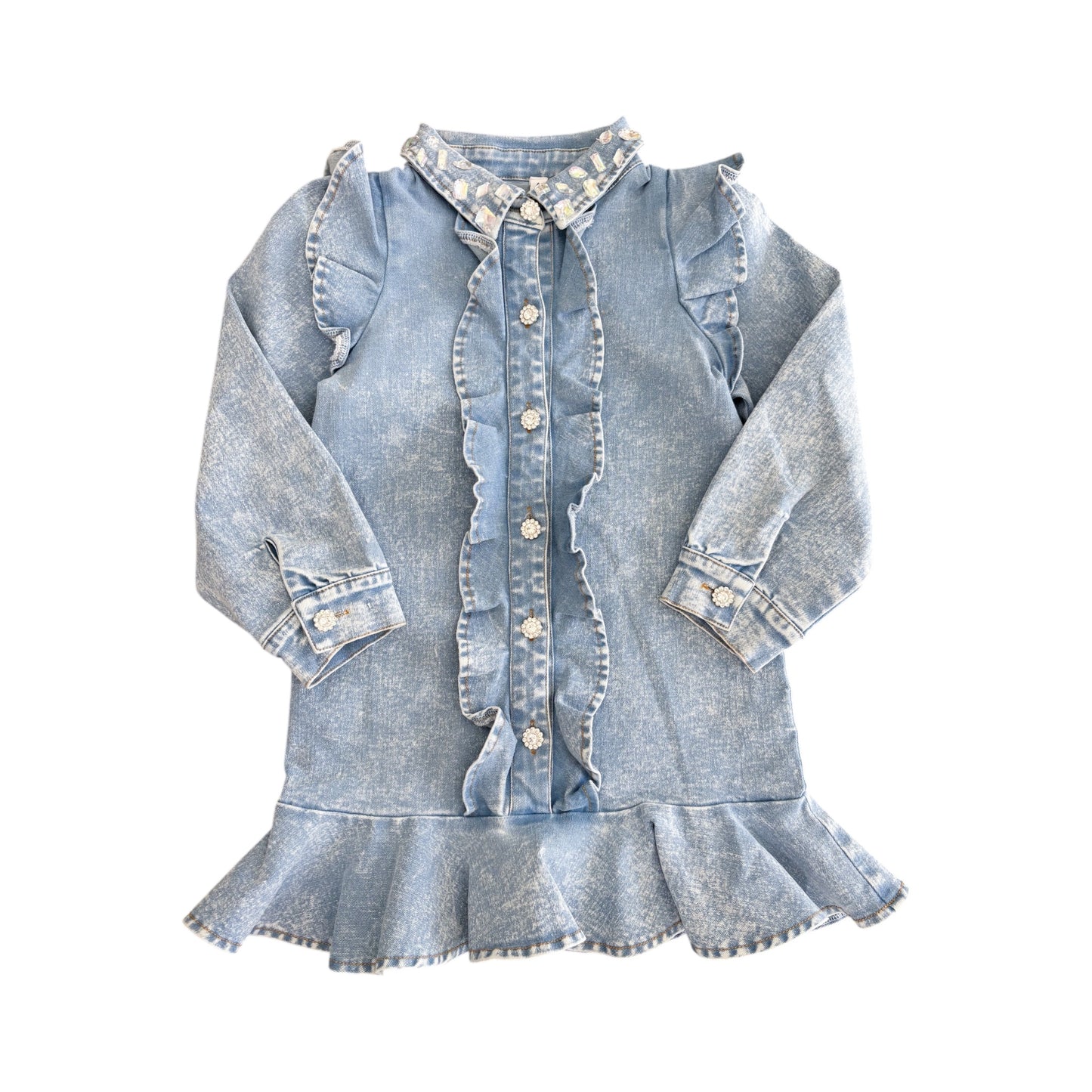 Denim Ruffle Long Sleeve Gem Button Dress