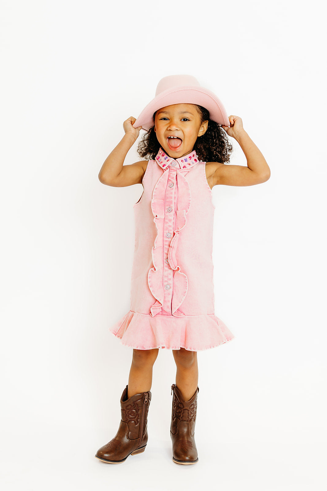 Pink Ruffle Gem Denim Dress