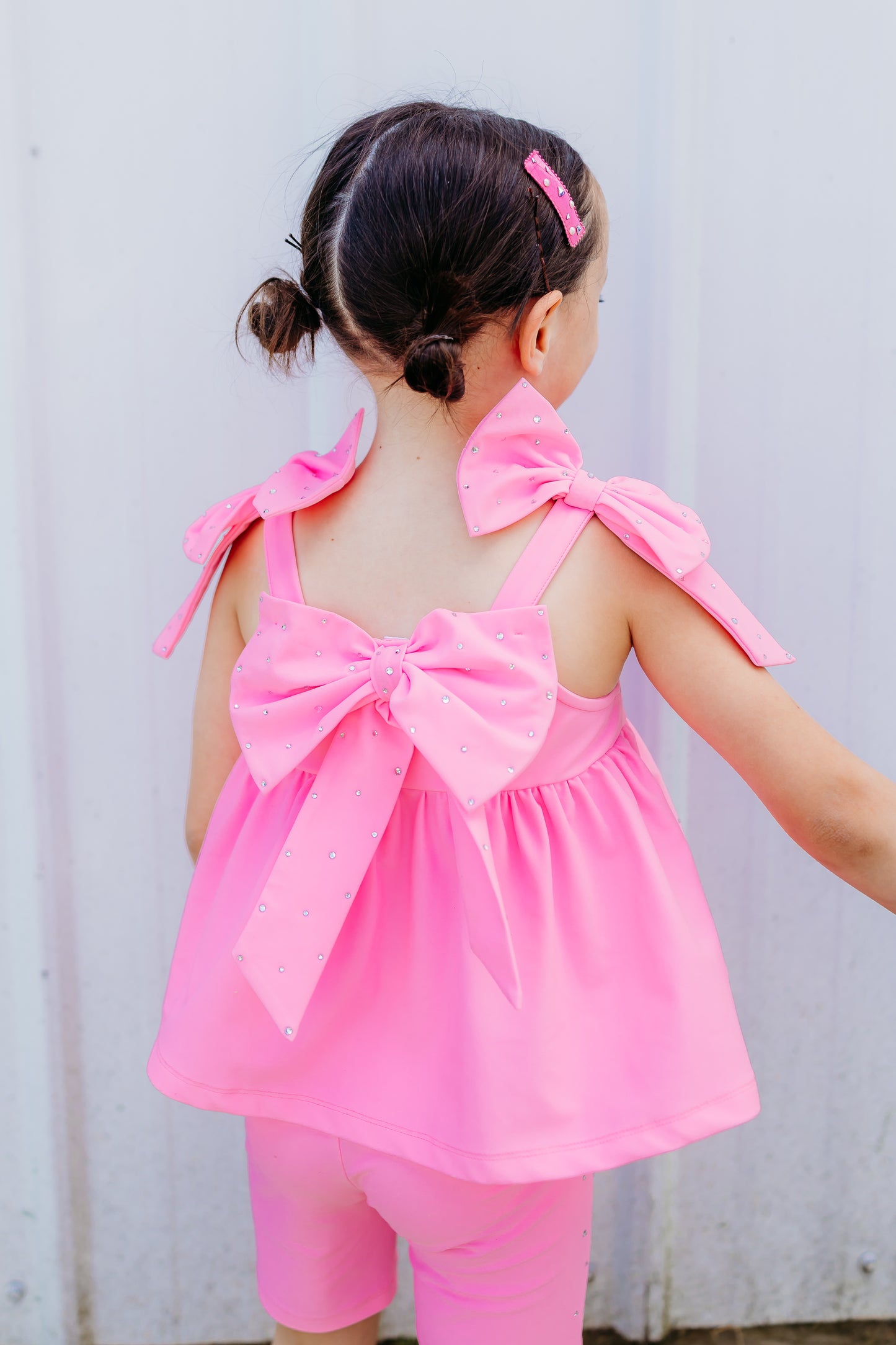 Bubblegum Pink Bow Two-Piece Gem Stamped Athletic Set (PREORDER: MID JUNE SHIP)