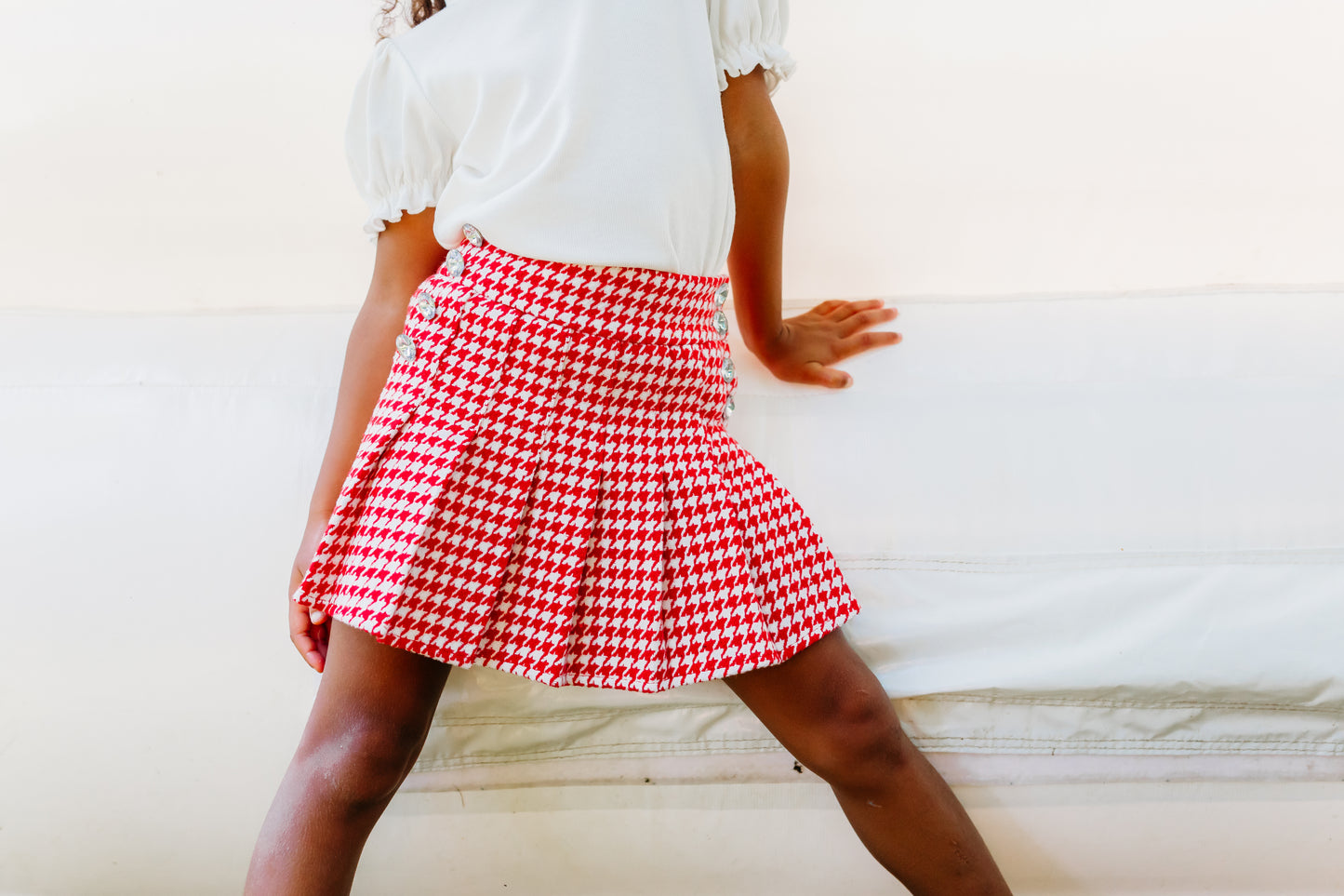 Red Houndstooth Gem Button Pleat Skirt (PREORDER)
