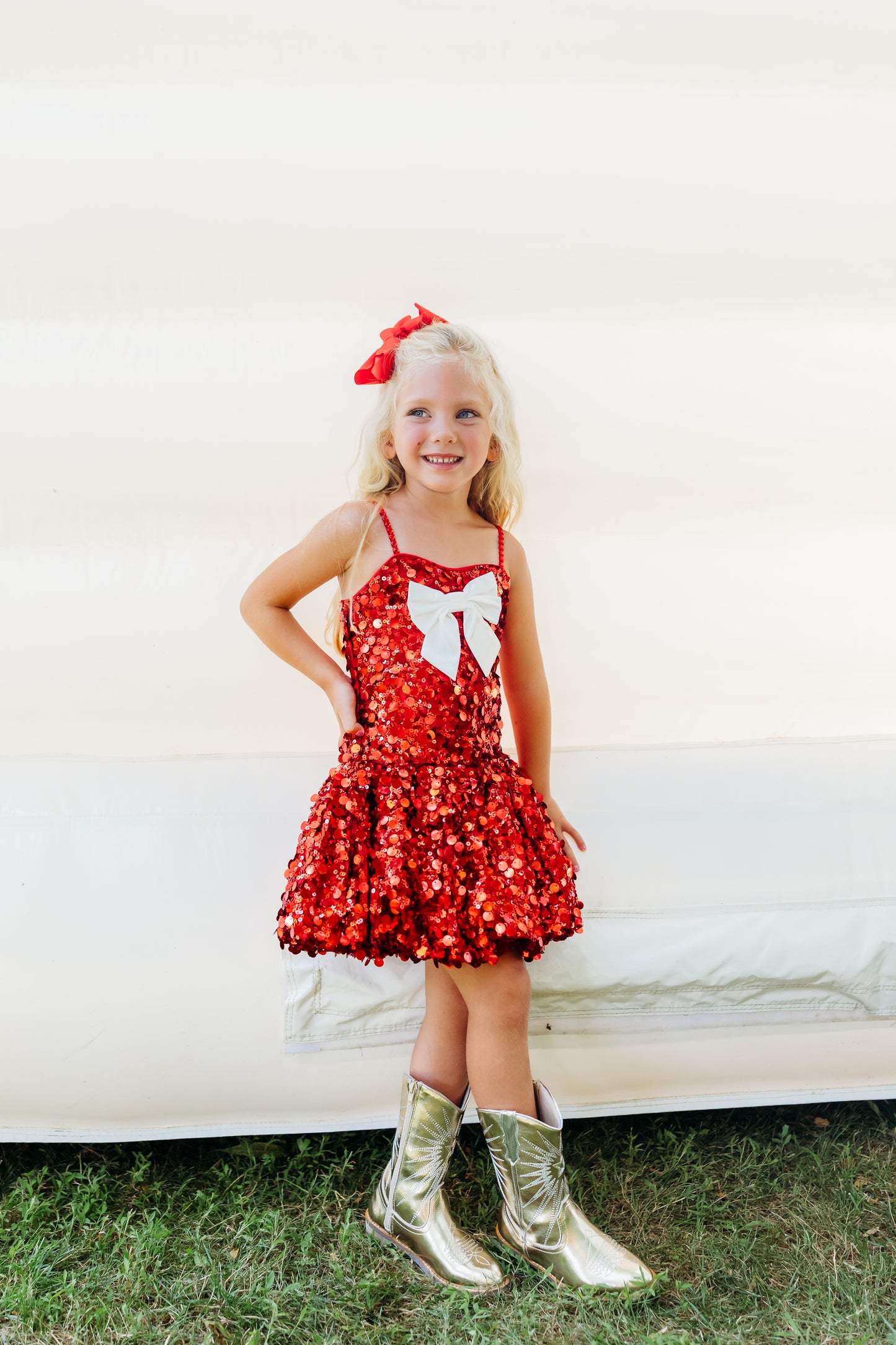Red Sequin Bubble Bow Dress (PREORDER)