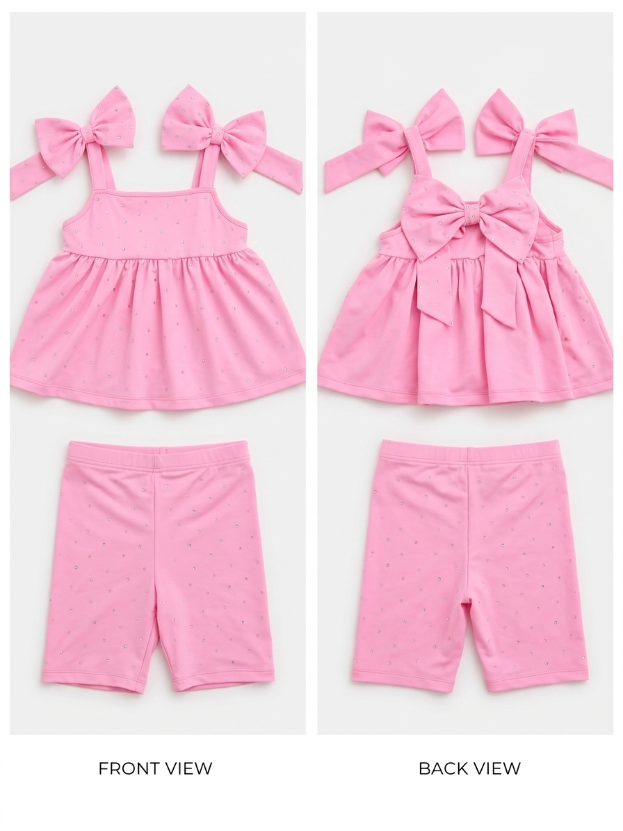 Bright Pink Bow Two-Piece Gem Stamped Athletic Set (PREORDER: MID JUNE SHIP)
