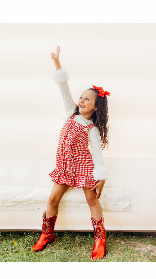 Red and White Houndstooth Ruffle Button Jumper Dress (PREORDER) – Three Wildflower Designs