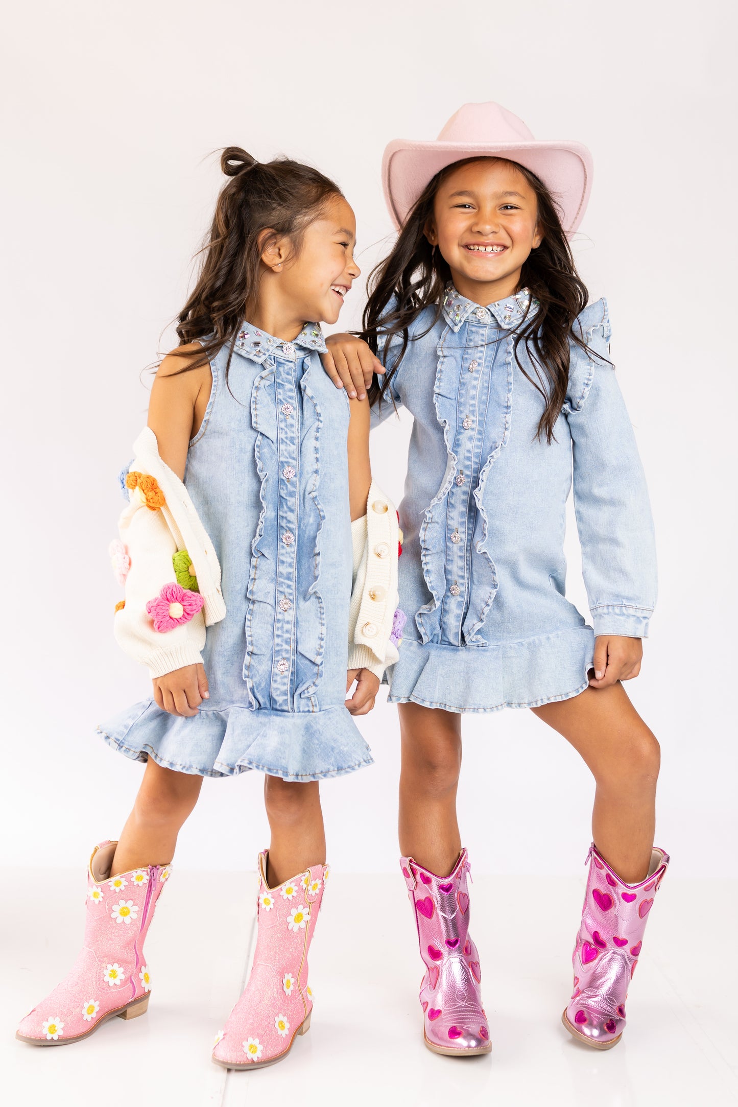 Denim Ruffle Long Sleeve Gem Button Dress