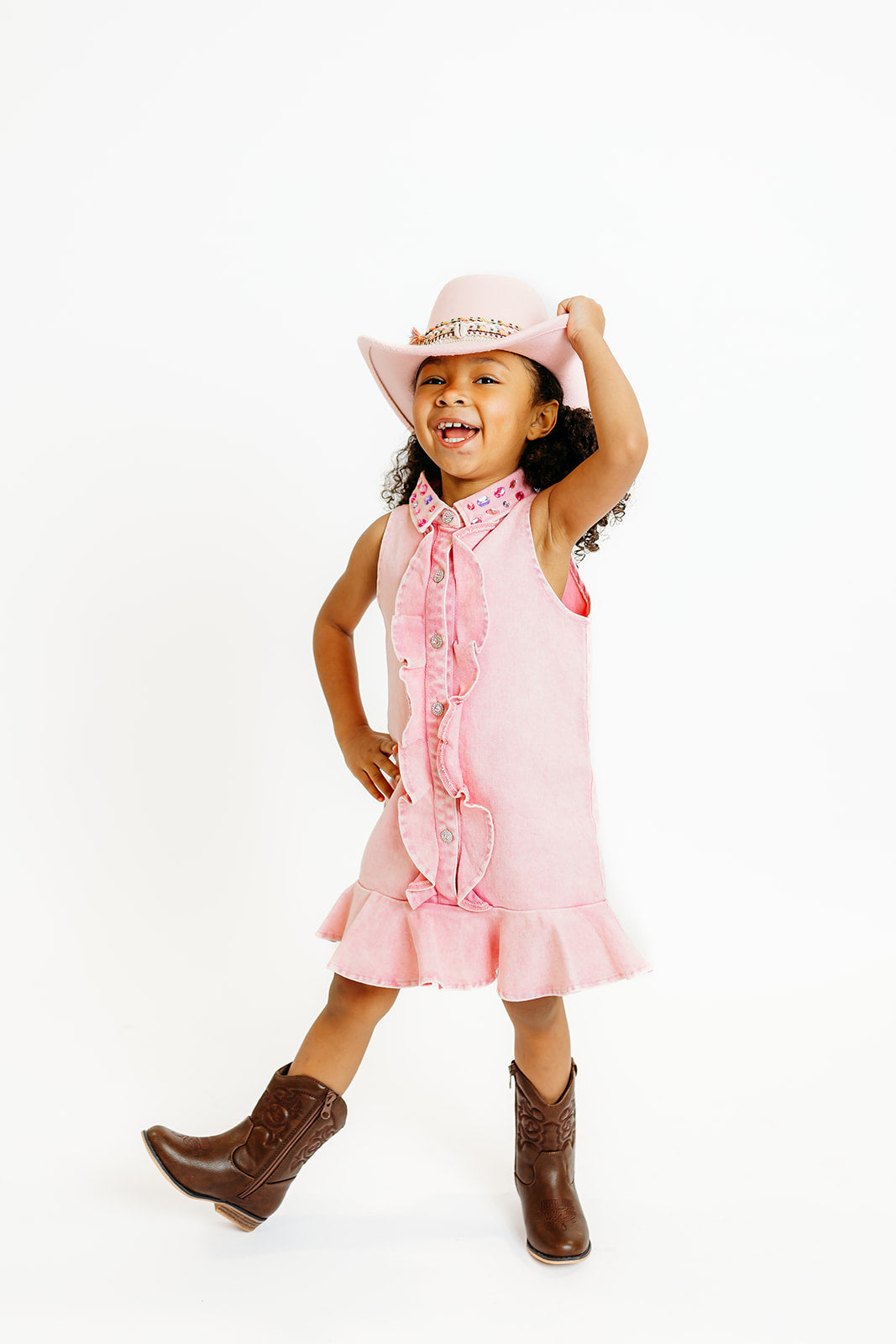 Pink Ruffle Gem Denim Dress