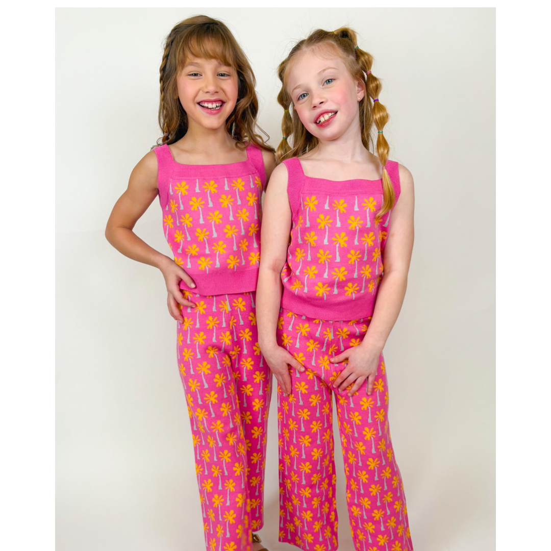 Pink Palm Tree Print Top and Pant Knit Set
