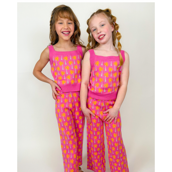 Pink Palm Tree Print Top and Pant Knit Set