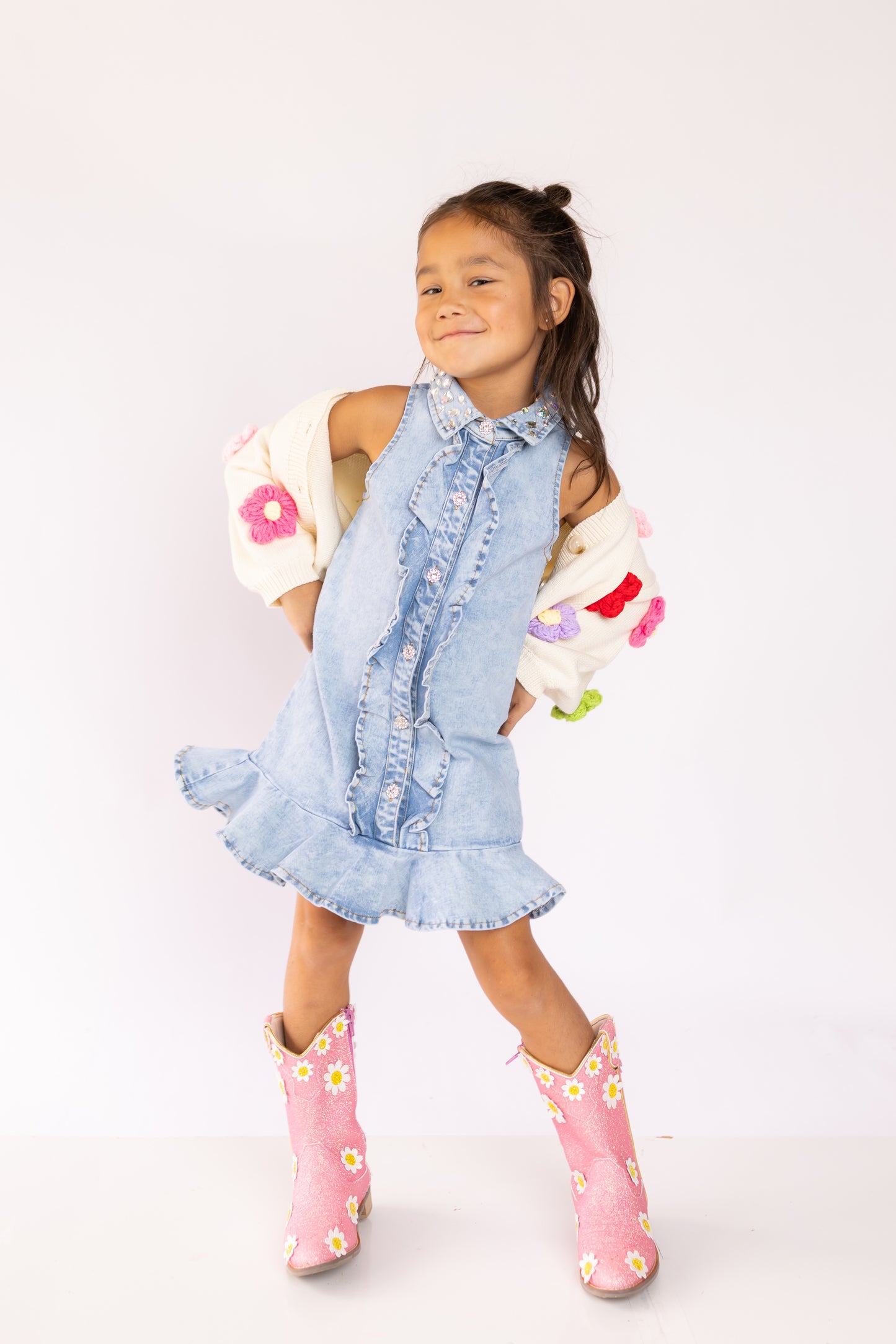 Ruffle Gem Denim Dress