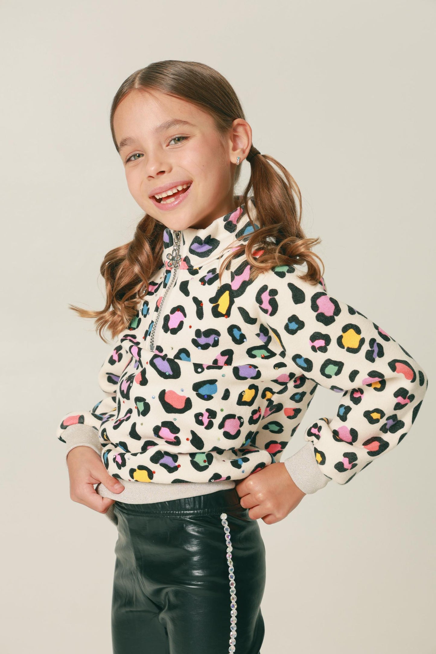 Leopard Gem 3/4 Zip Crewneck