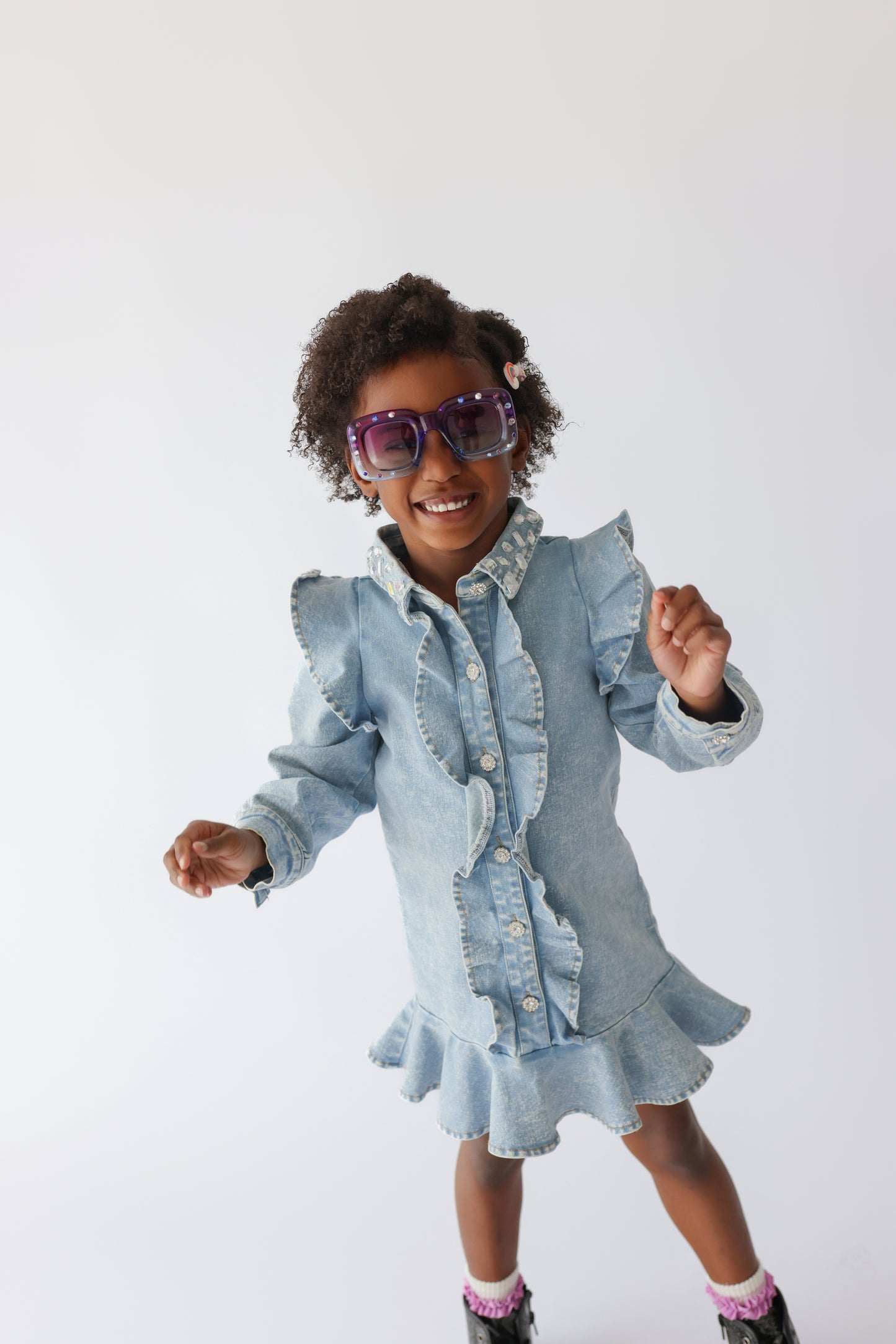 Denim Ruffle Long Sleeve Gem Button Dress