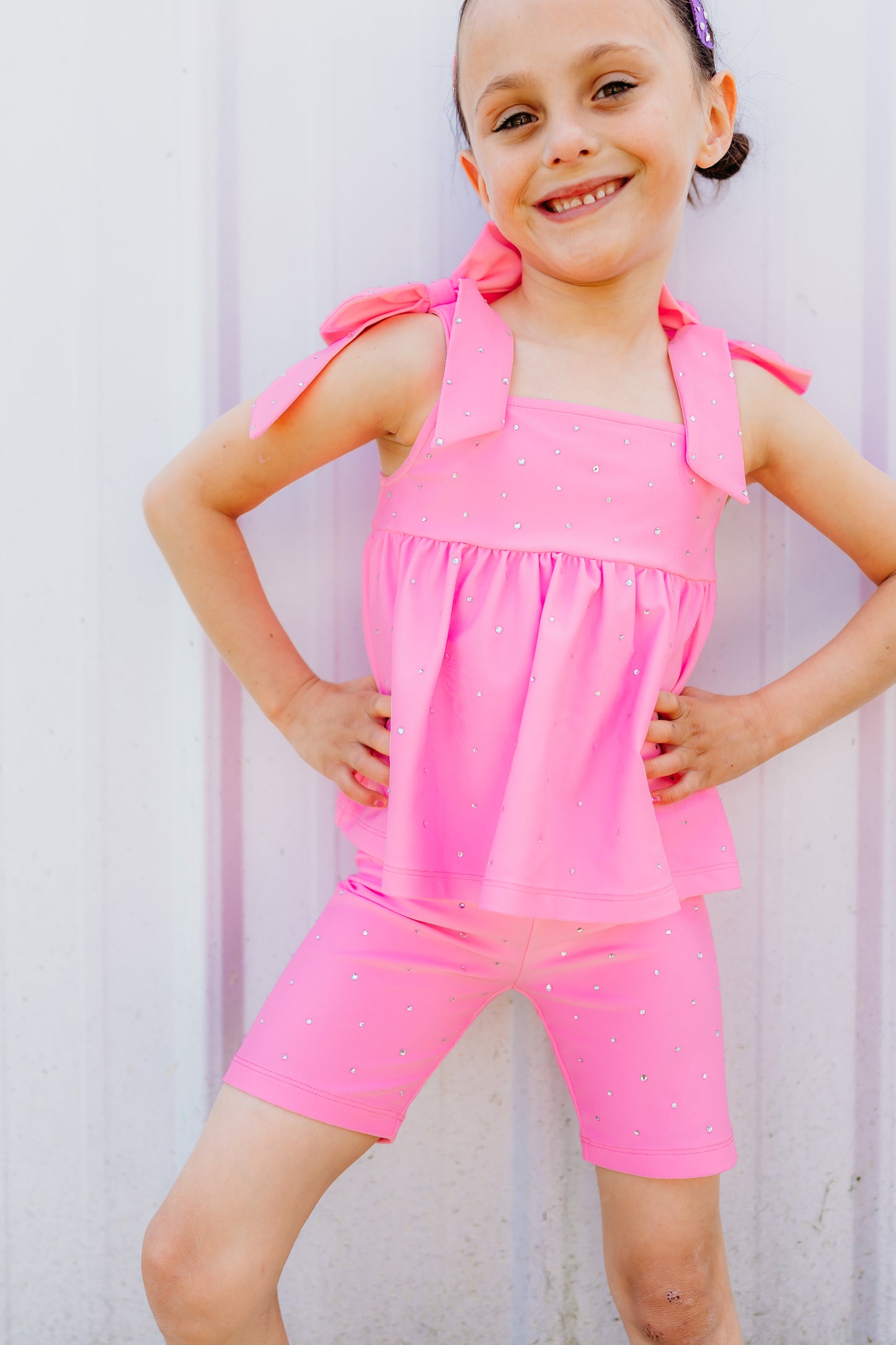 Bubblegum Pink Bow Two-Piece Gem Stamped Athletic Set (PREORDER: MID JUNE SHIP)
