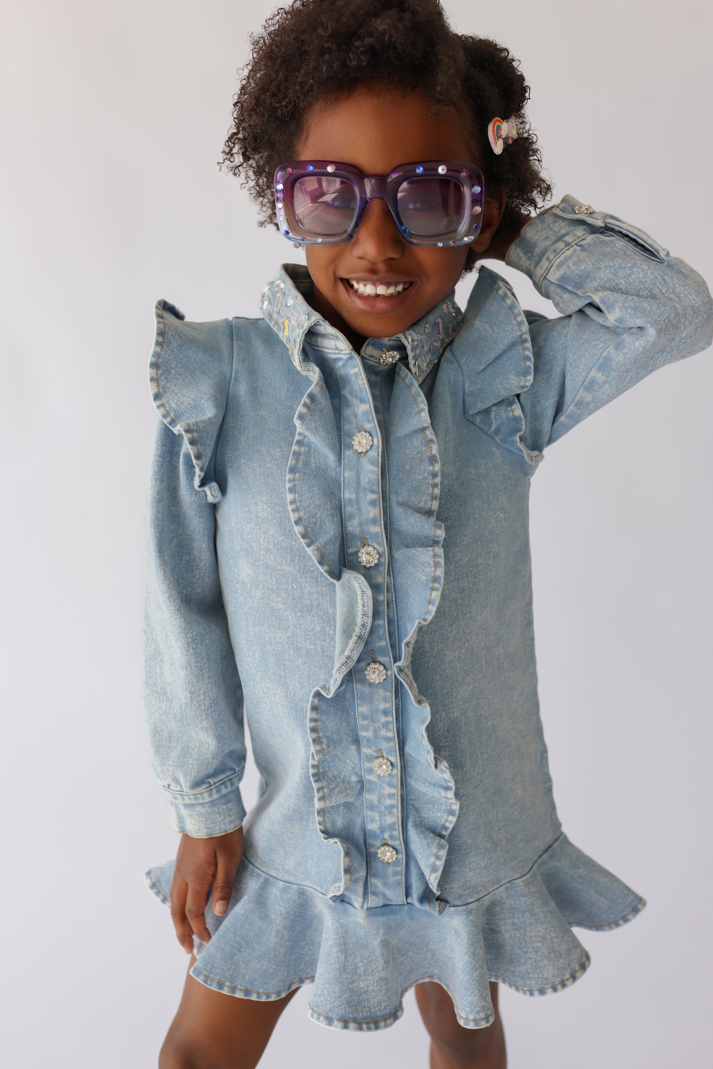 Denim Ruffle Long Sleeve Gem Button Dress