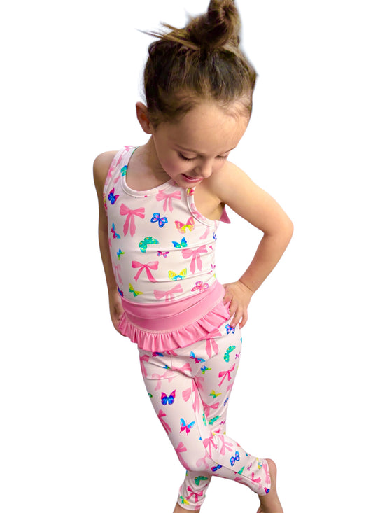 Bow and Butterfly Print Pant and Tank Athletic Set