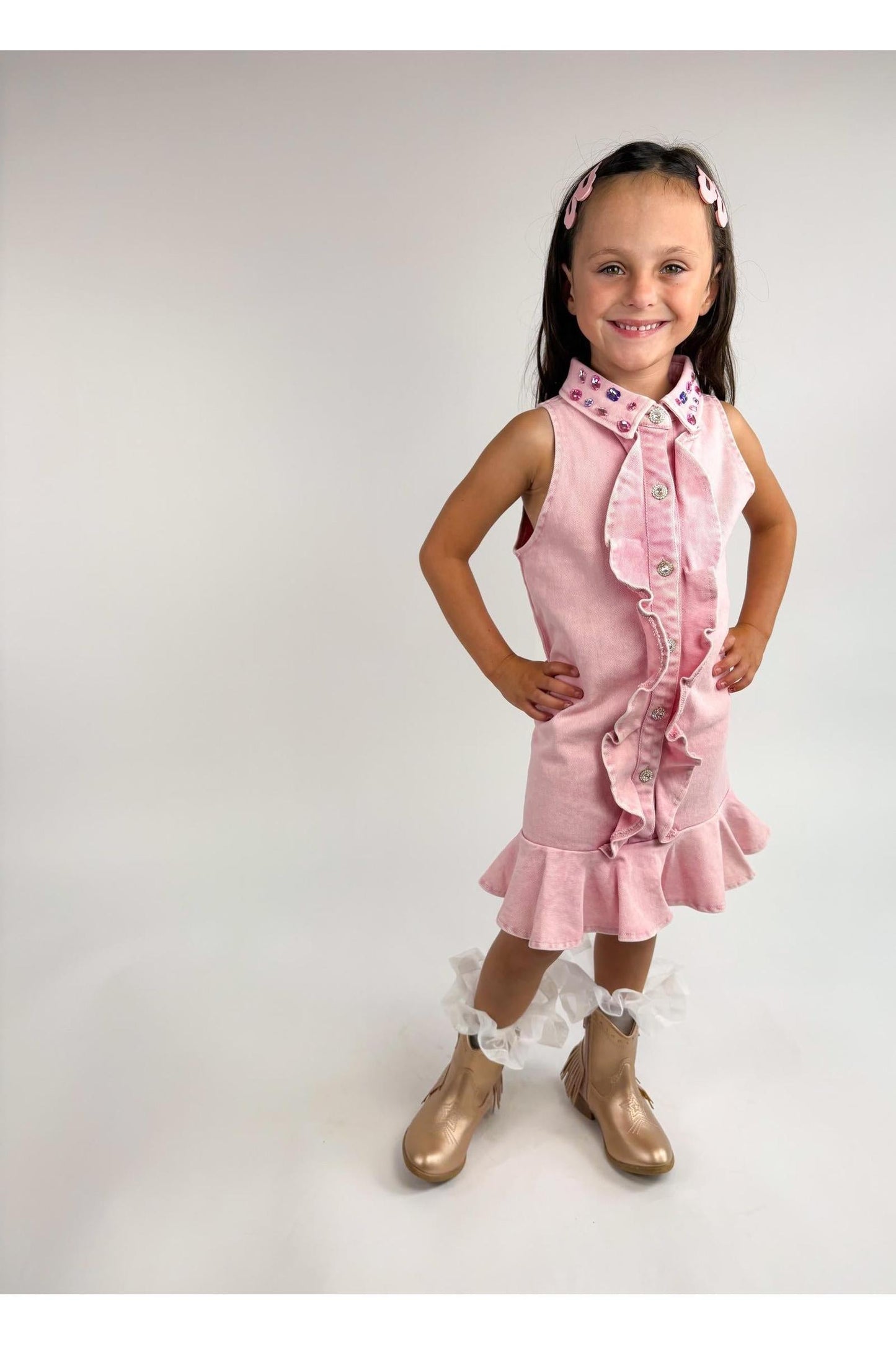 Pink Ruffle Gem Denim Dress