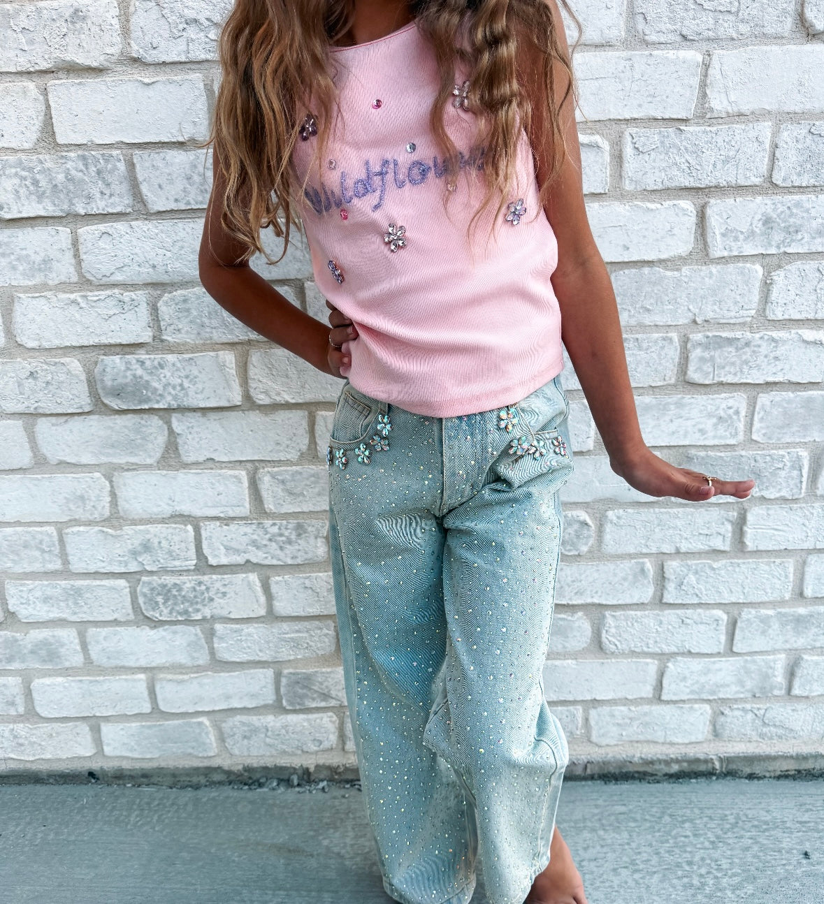 Wide Leg Gem Embellished Jeans (PRE-ORDER: SHIP END OF OCTOBER)