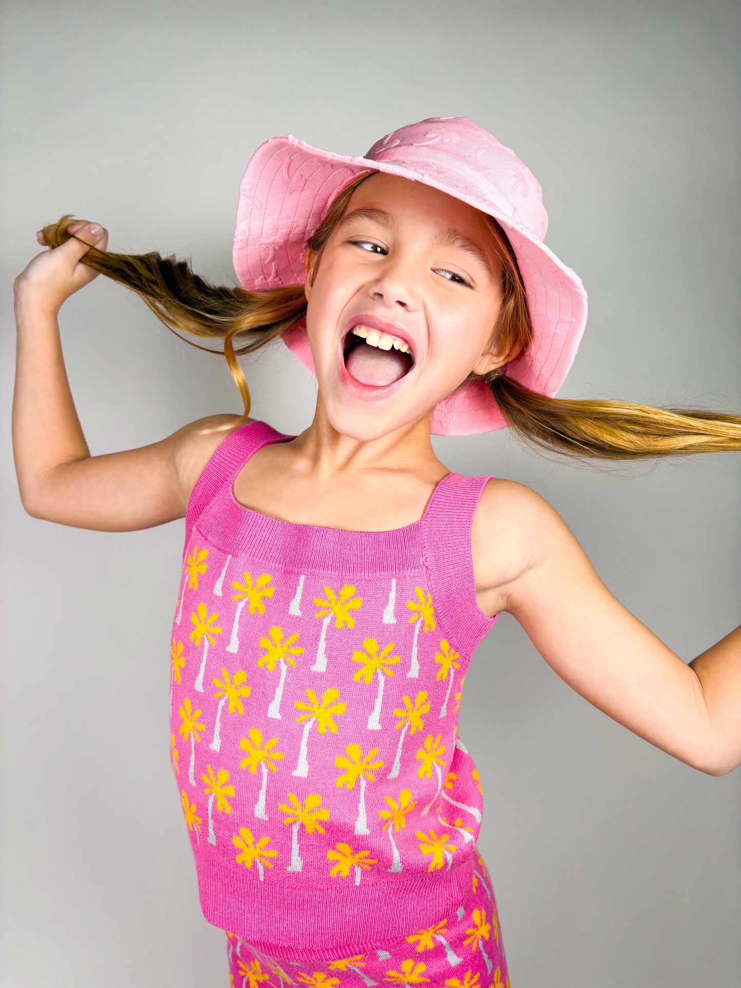 Pink Palm Tree Print Top and Pant Knit Set