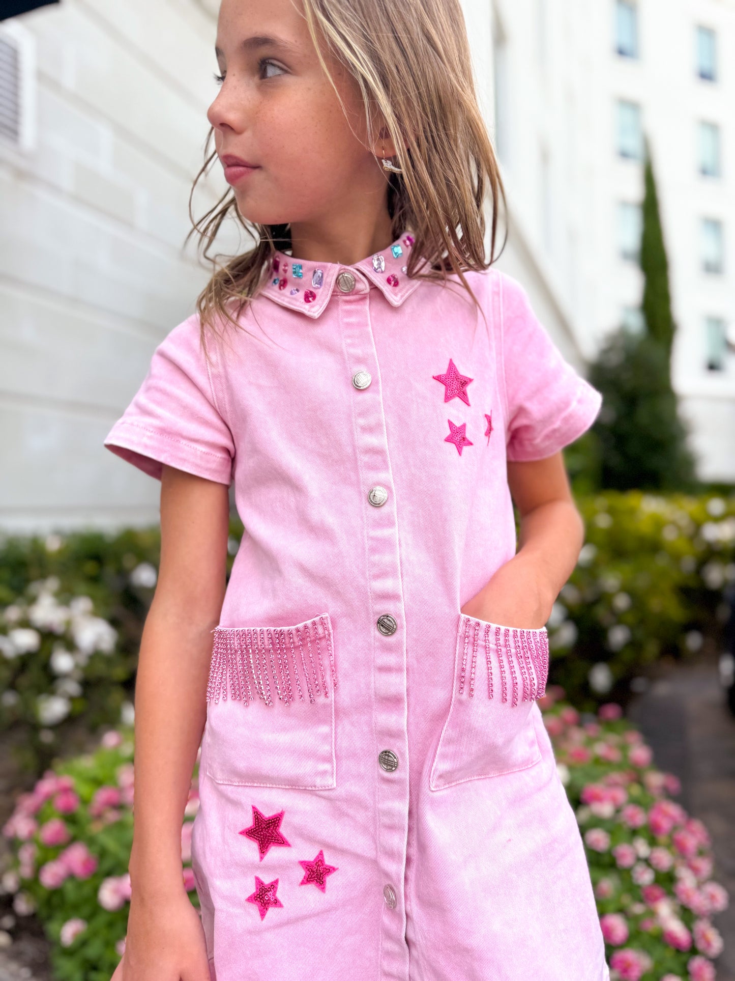 Pink Fringe Denim Dress