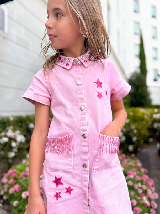Pink Fringe Denim Dress 9