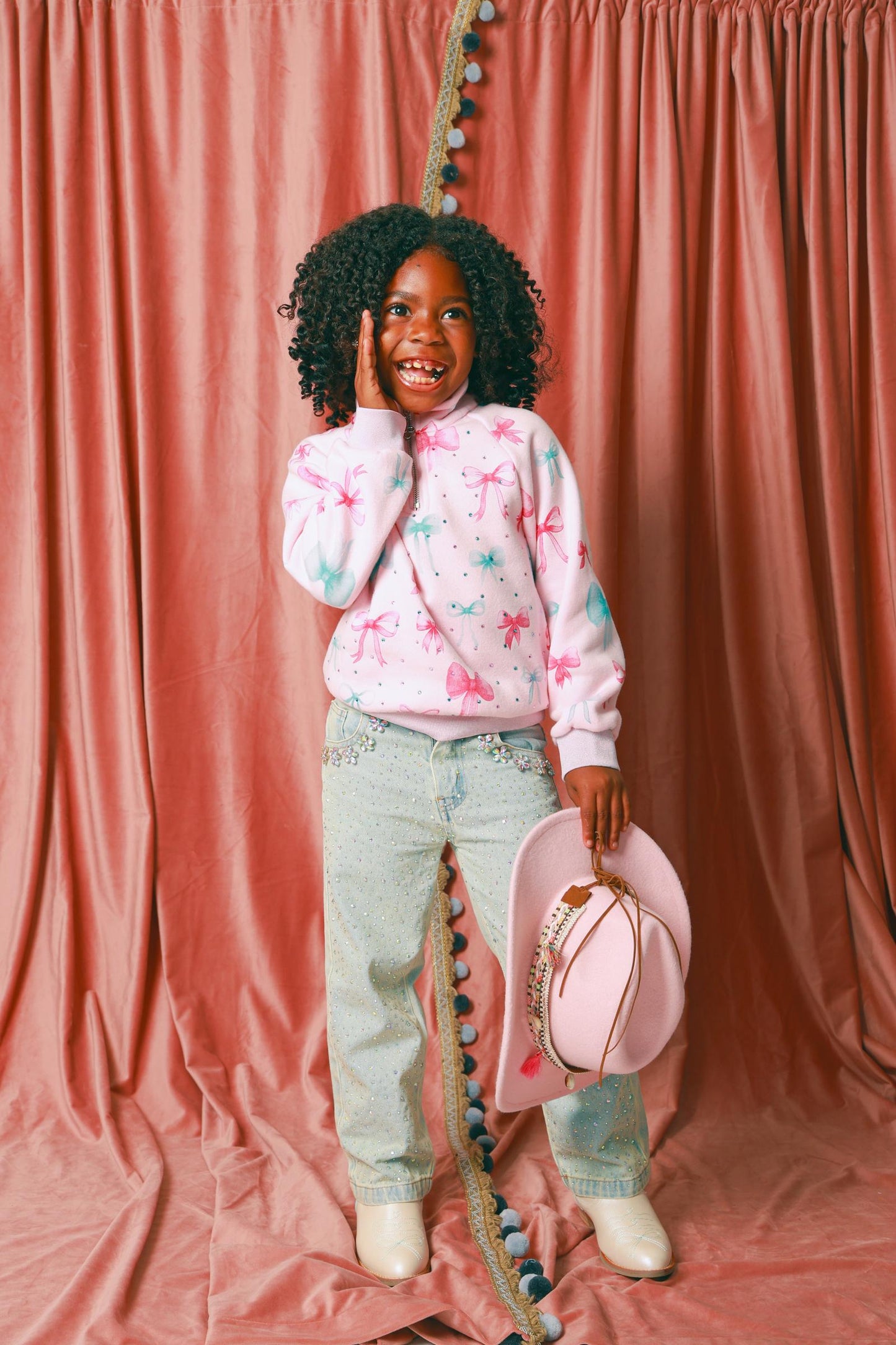 Bow Print 3/4 Zip Gem Stamped Crewneck