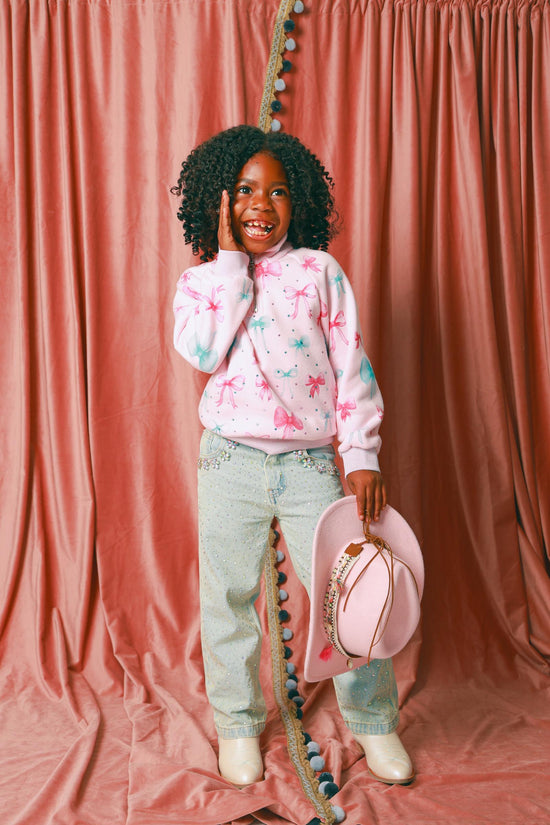 Bow Print 3/4 Zip Gem Stamped Crewneck