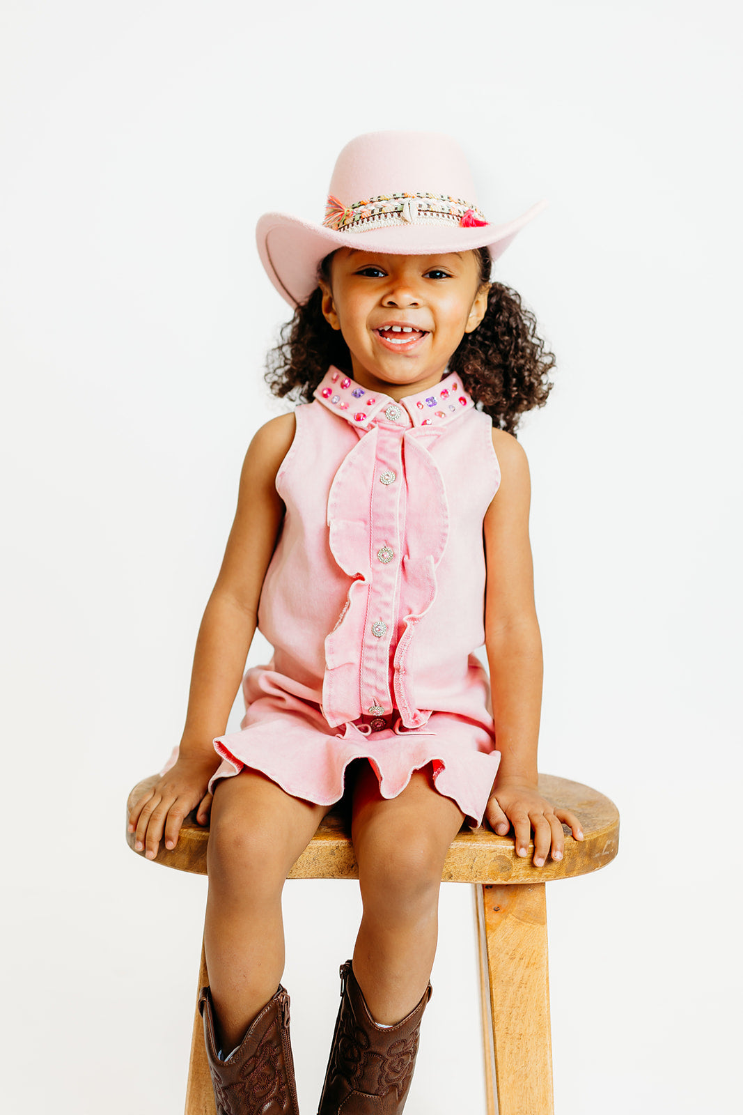 Pink Ruffle Gem Denim Dress