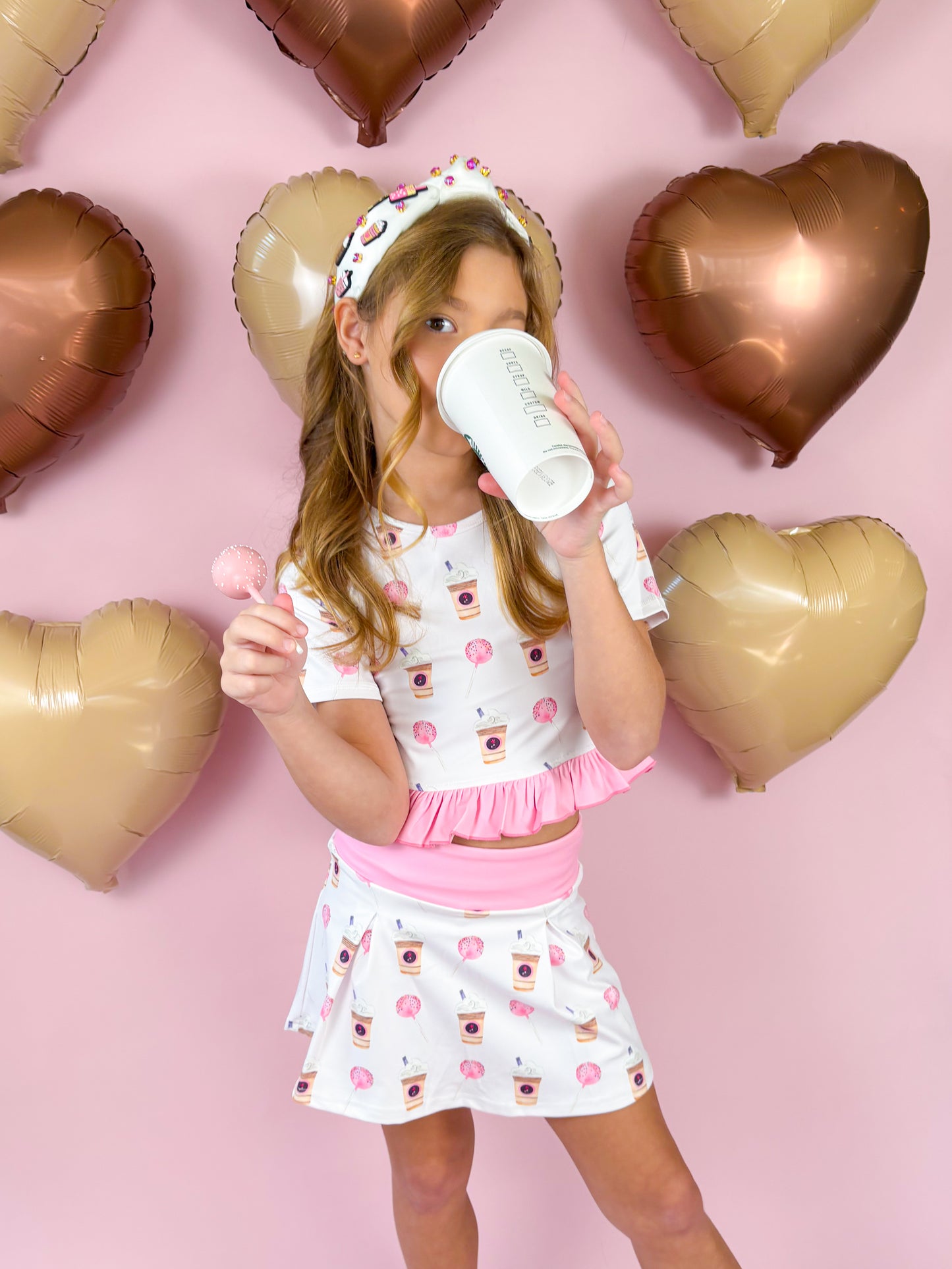 Latte and Cake Pop Print Skort and Top Athletic Set