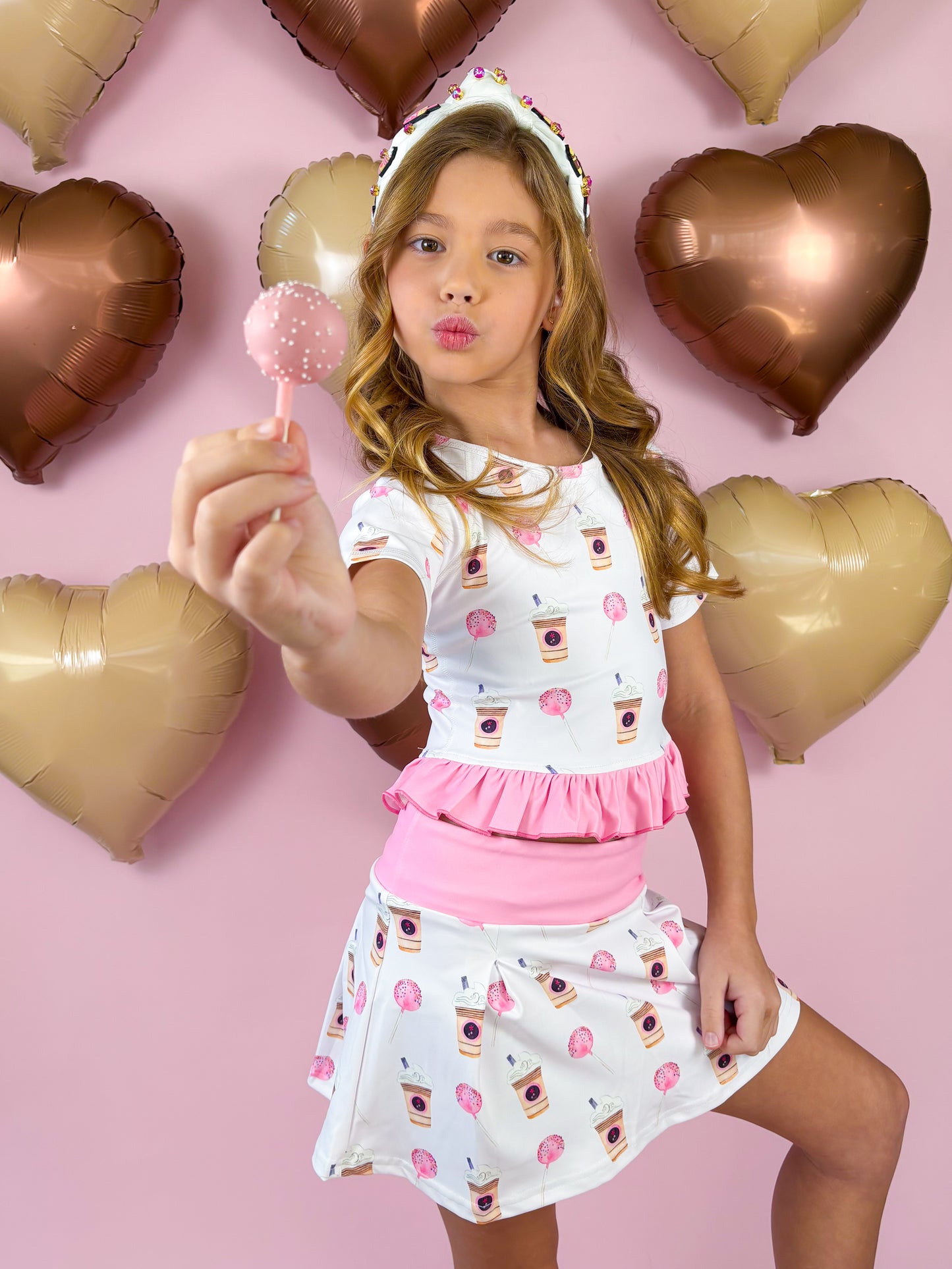 Latte and Cake Pop Print Skort and Top Athletic Set