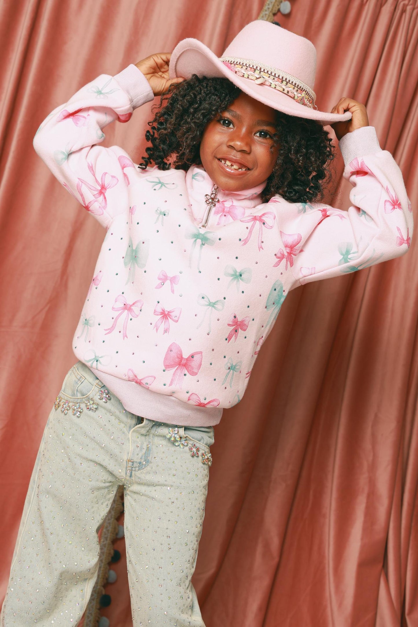 Bow Print 3/4 Zip Gem Stamped Crewneck