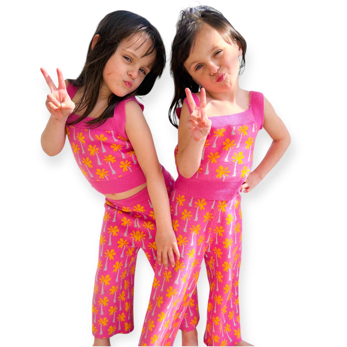 Pink Palm Tree Print Top and Pant Knit Set