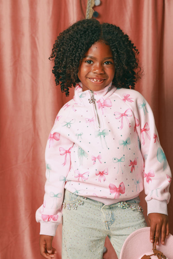 Bow Print 3/4 Zip Gem Stamped Crewneck