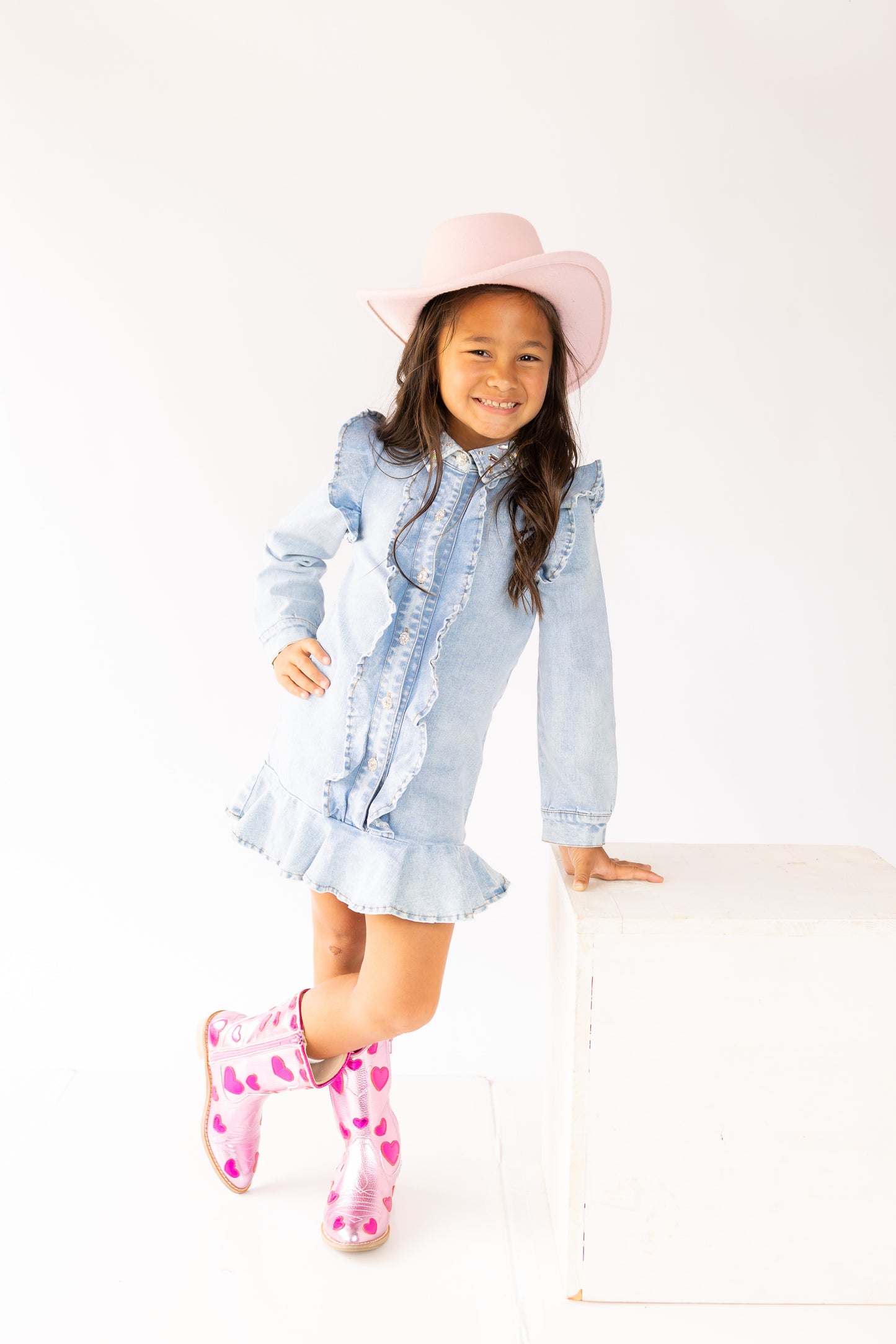 Denim Ruffle Long Sleeve Gem Button Dress