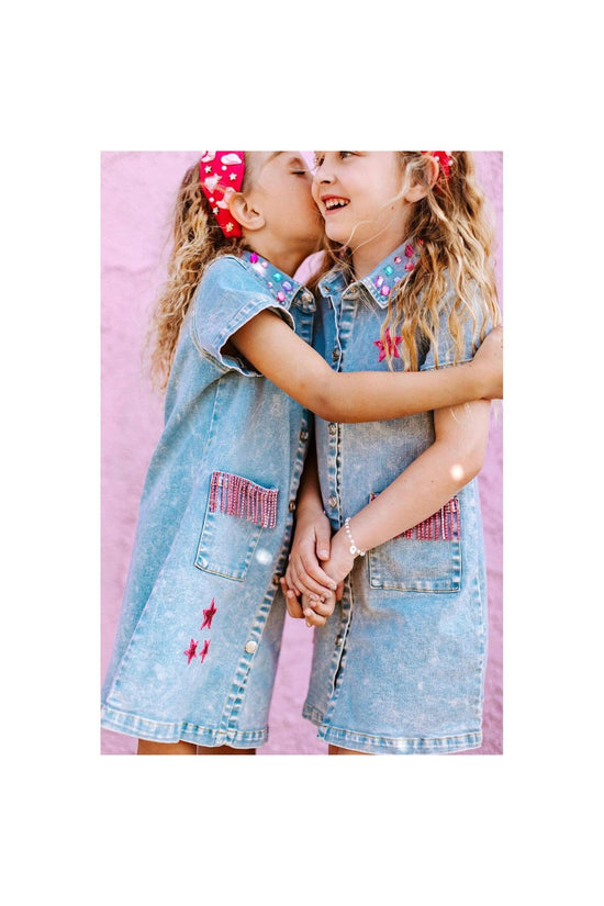 denim dress with patches Modern Denim Patchwork Dress | Trendy Denim Dress