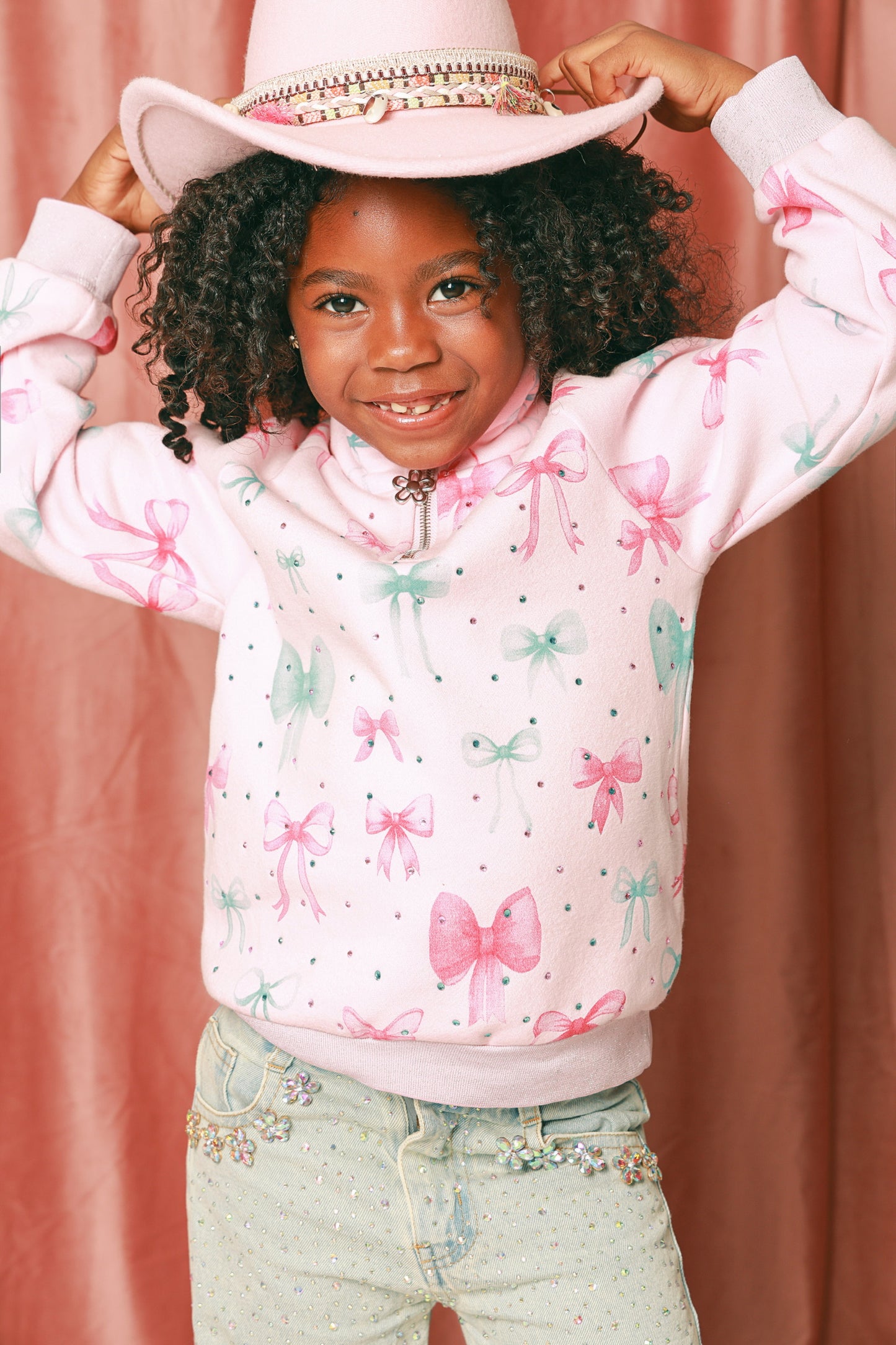 Bow Print 3/4 Zip Gem Stamped Crewneck